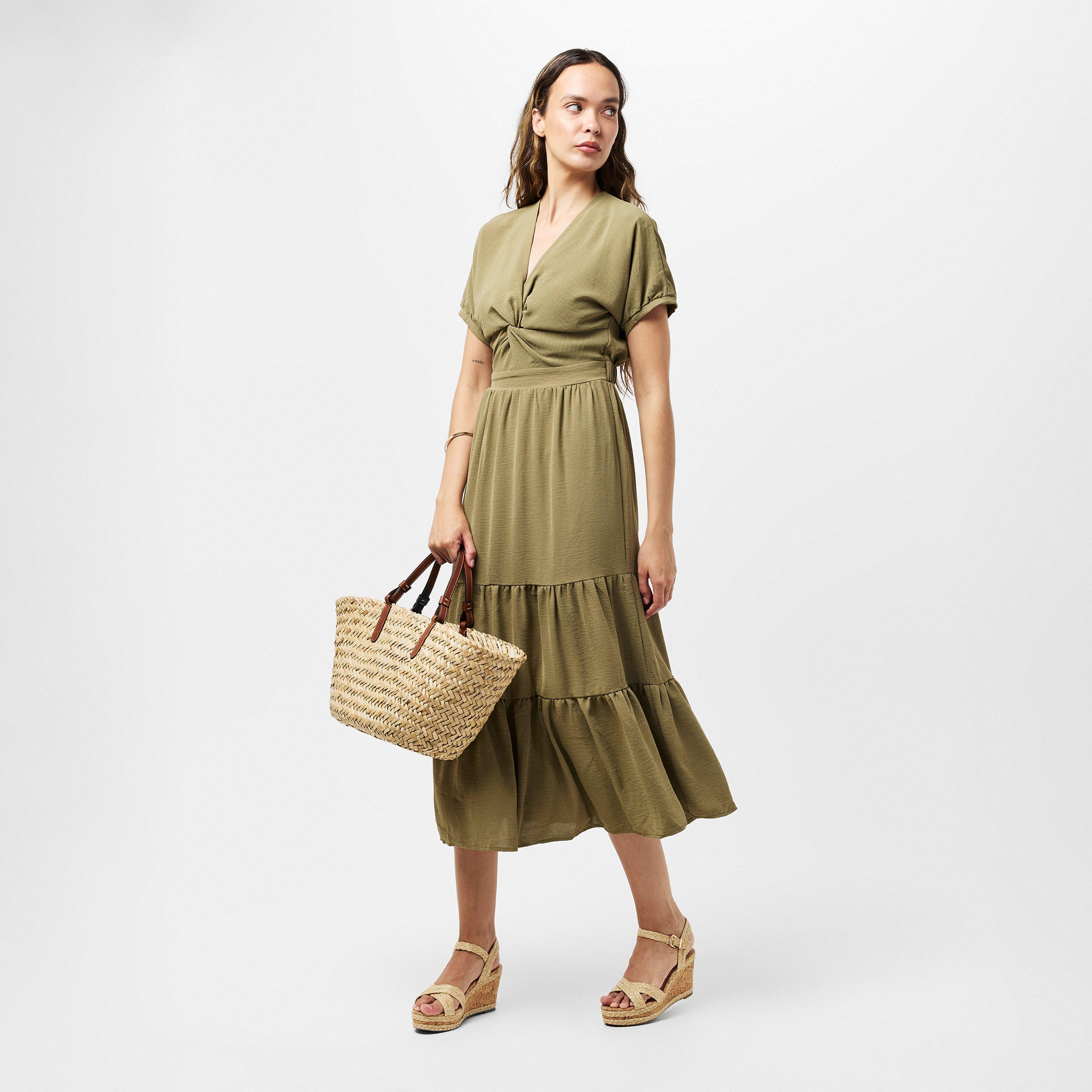 Green - AX Paris - Khaki Twist Front Maxi Smock Dress - 6