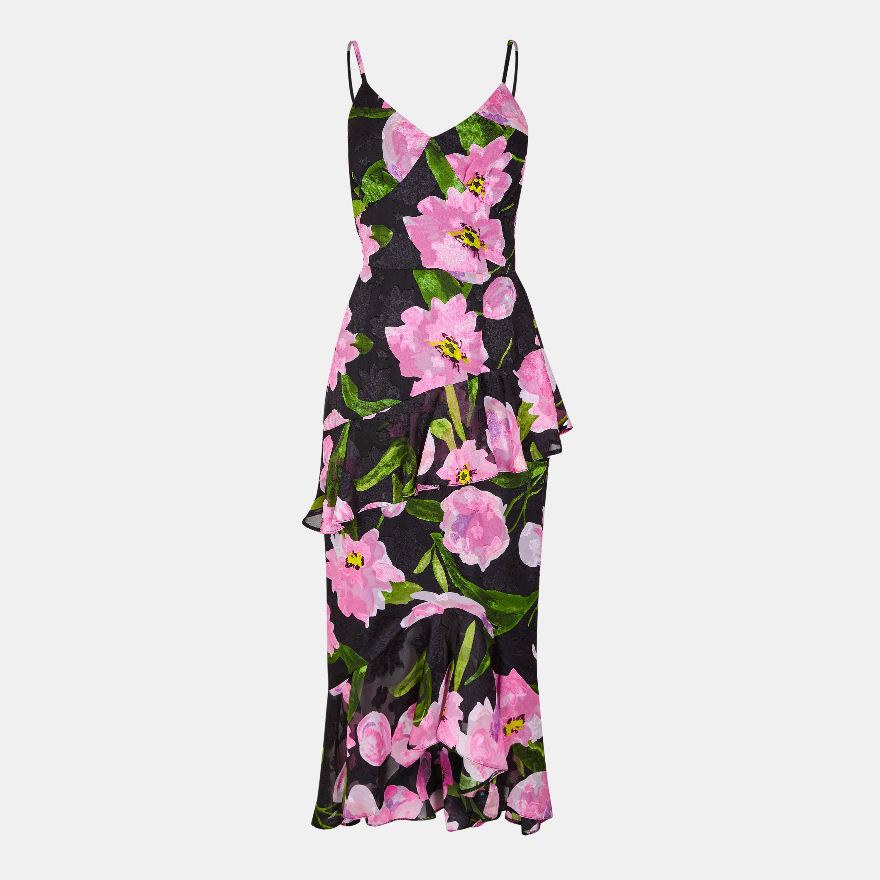 Black - AX Paris - Black And Pink Floral Print Ruffle Strappy Midi Dress - 1