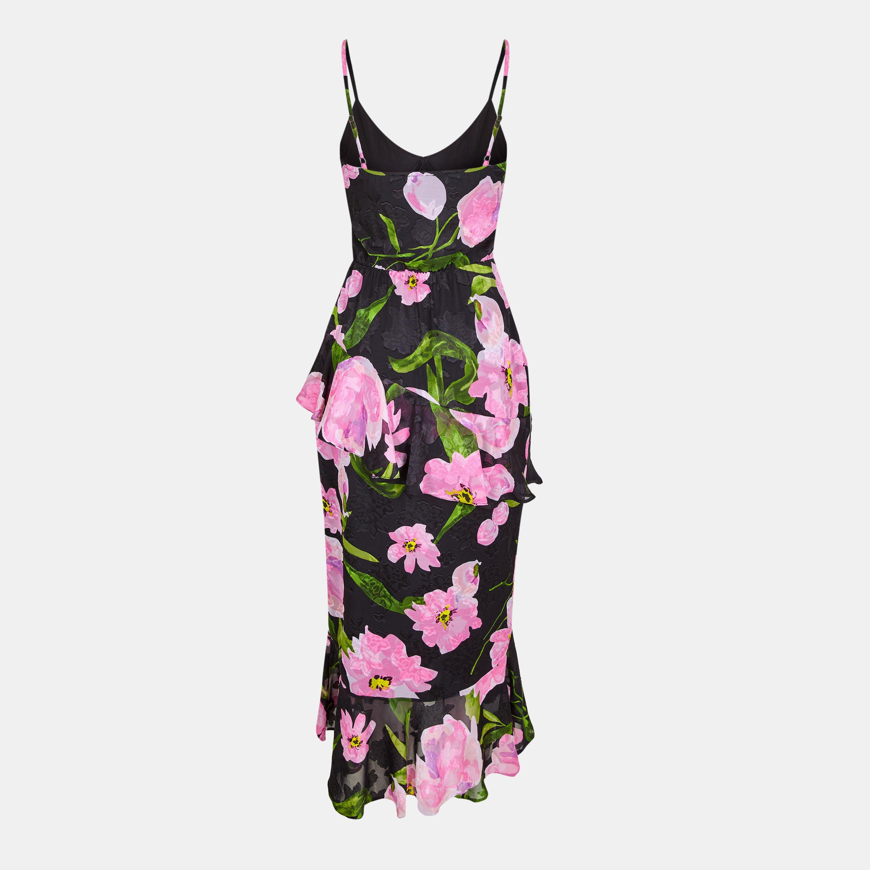 Black - AX Paris - Black And Pink Floral Print Ruffle Strappy Midi Dress - 2