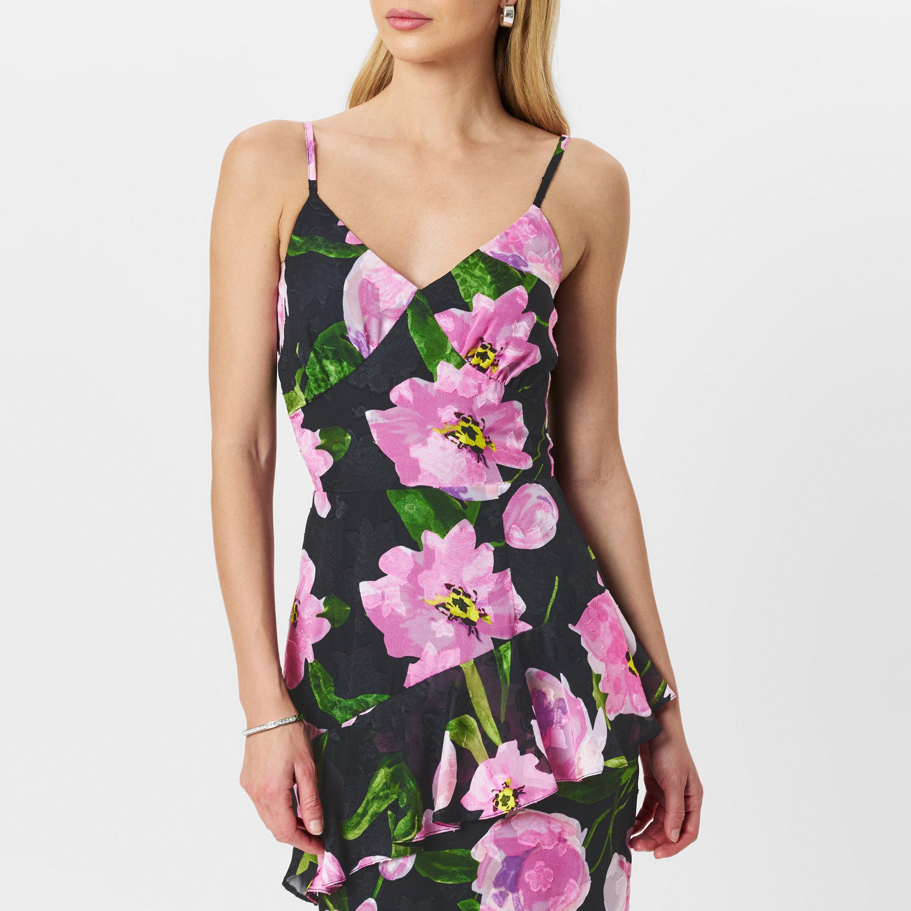 Black - AX Paris - Black And Pink Floral Print Ruffle Strappy Midi Dress - 3