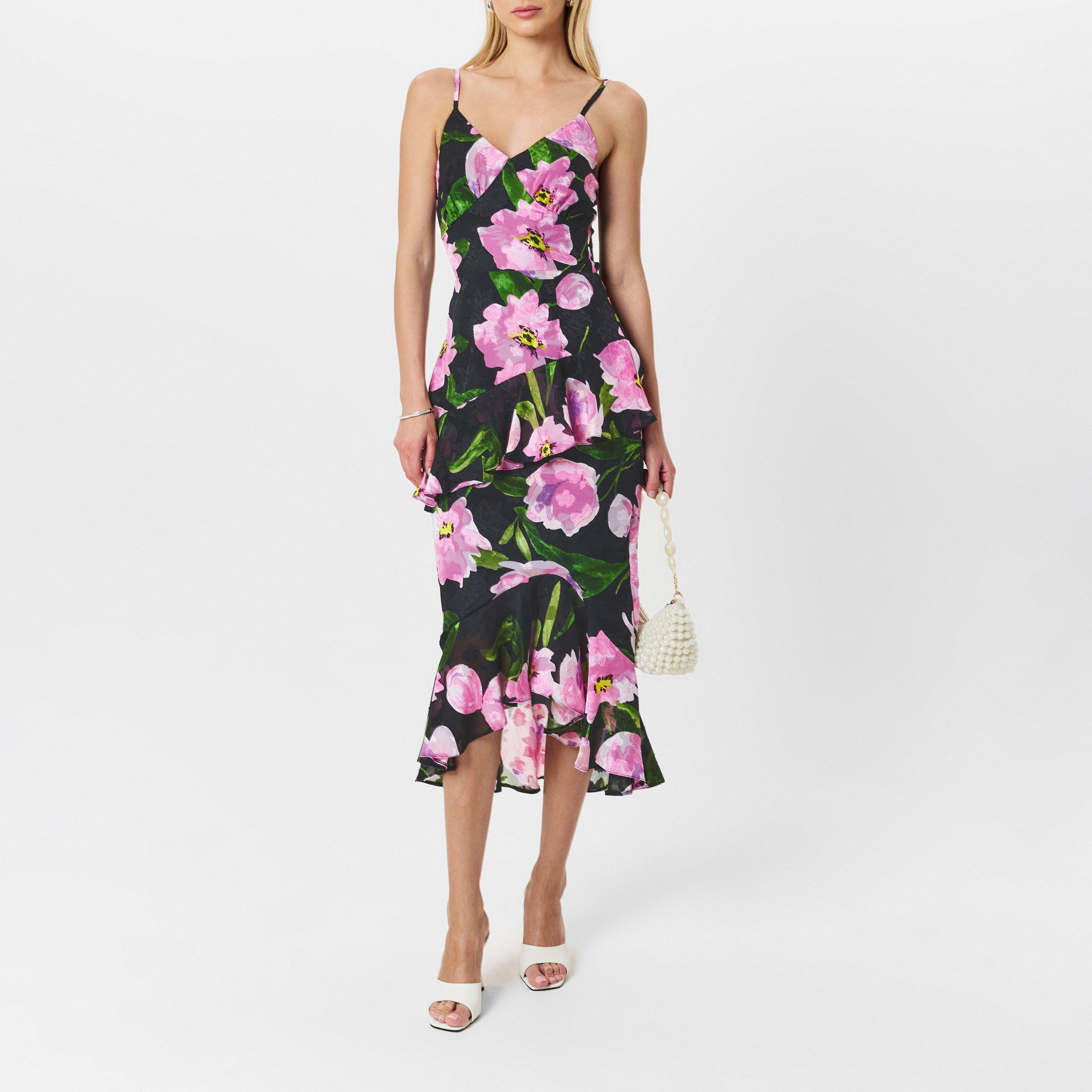 Black - AX Paris - Black And Pink Floral Print Ruffle Strappy Midi Dress - 6