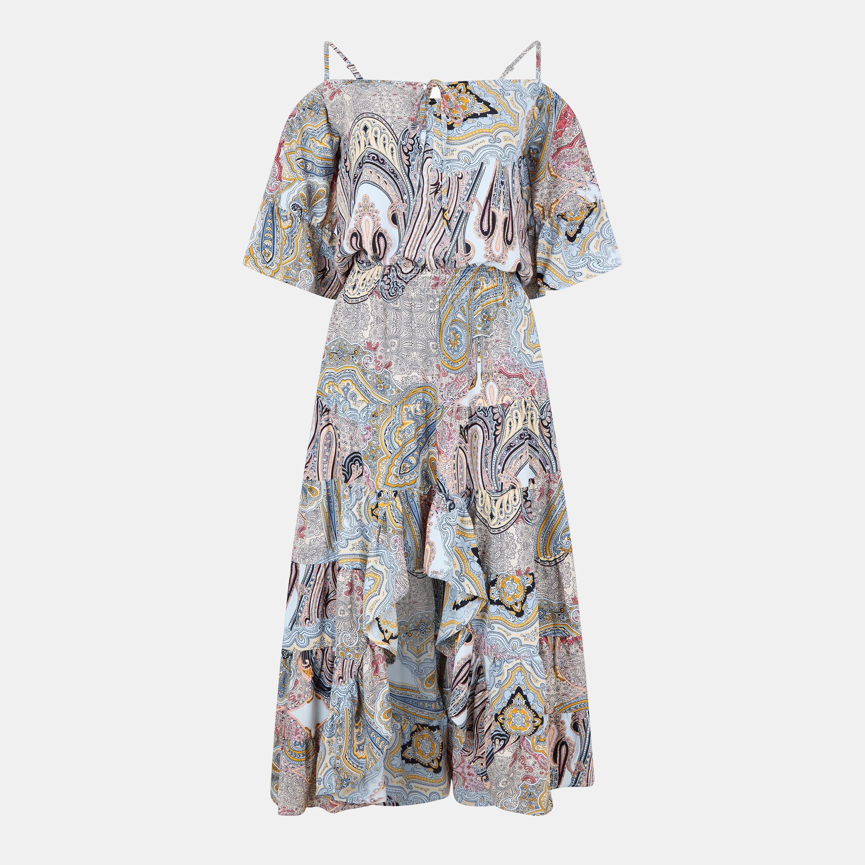 Multi - AX Paris - Multi Paisley Printed Cold Shoulder Asymmetric Smock Midi Dress - 1
