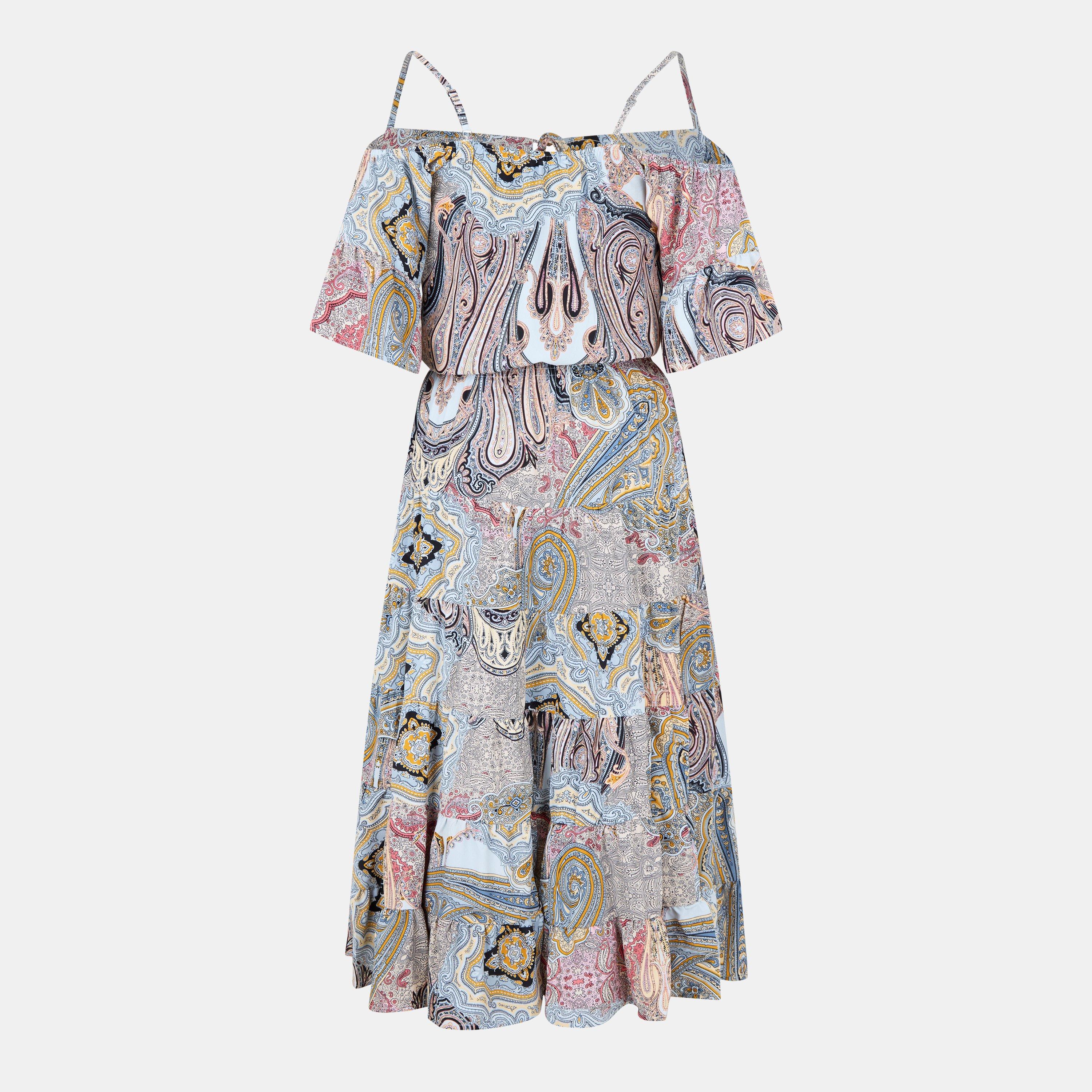 Multi - AX Paris - Multi Paisley Printed Cold Shoulder Asymmetric Smock Midi Dress - 2