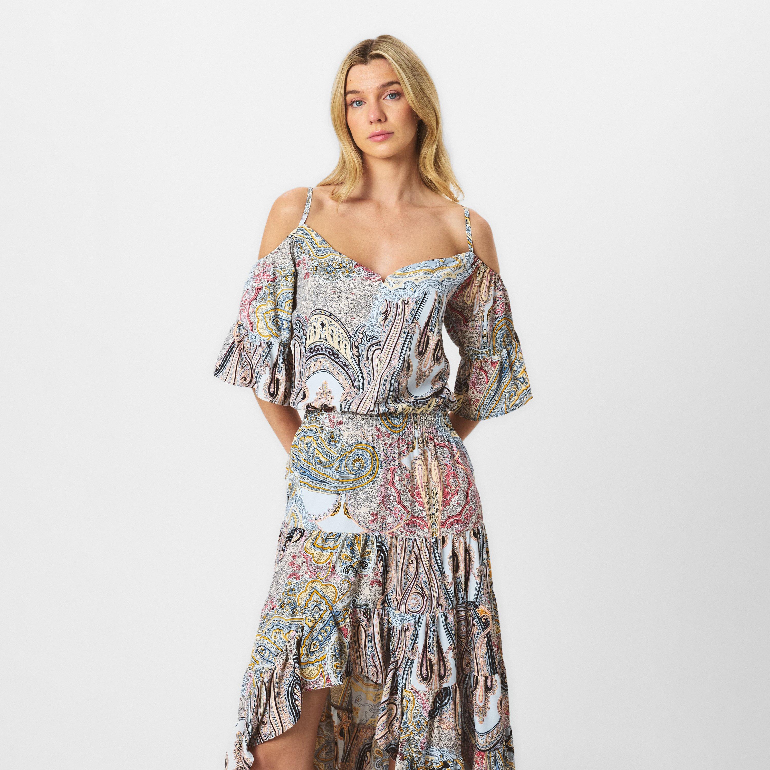 Multi - AX Paris - Multi Paisley Printed Cold Shoulder Asymmetric Smock Midi Dress - 3