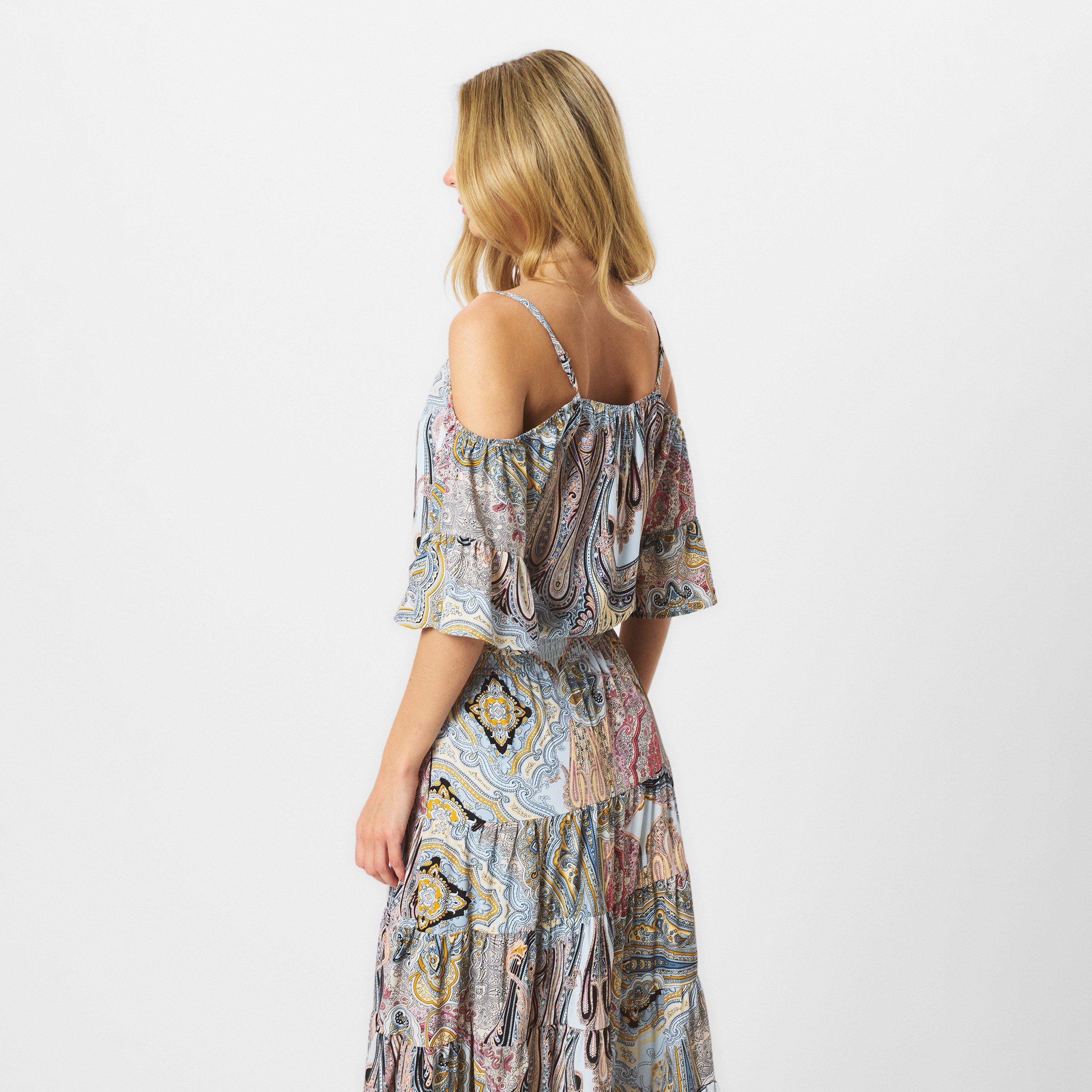 Multi - AX Paris - Multi Paisley Printed Cold Shoulder Asymmetric Smock Midi Dress - 4