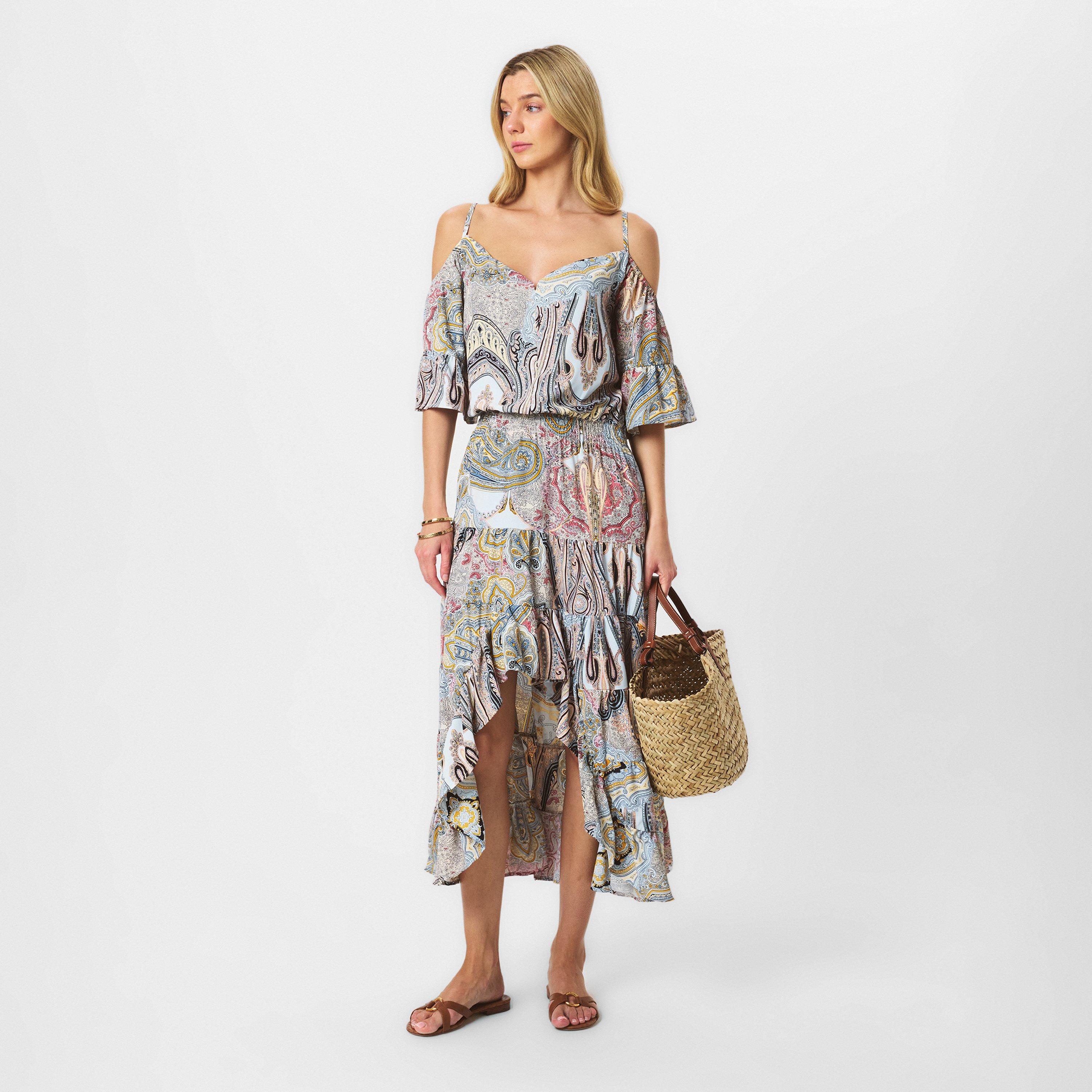 Multi - AX Paris - Multi Paisley Printed Cold Shoulder Asymmetric Smock Midi Dress - 6