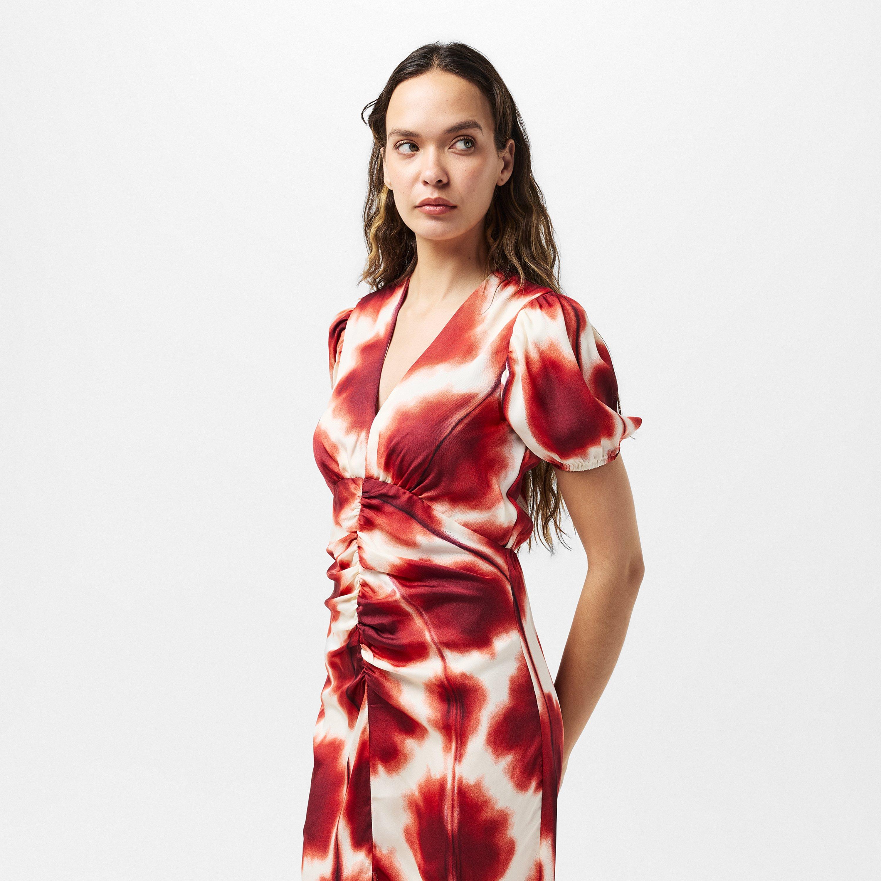 Multi - AX Paris - Rust Printed Puff Sleeve Front Split Midi Dress - 3