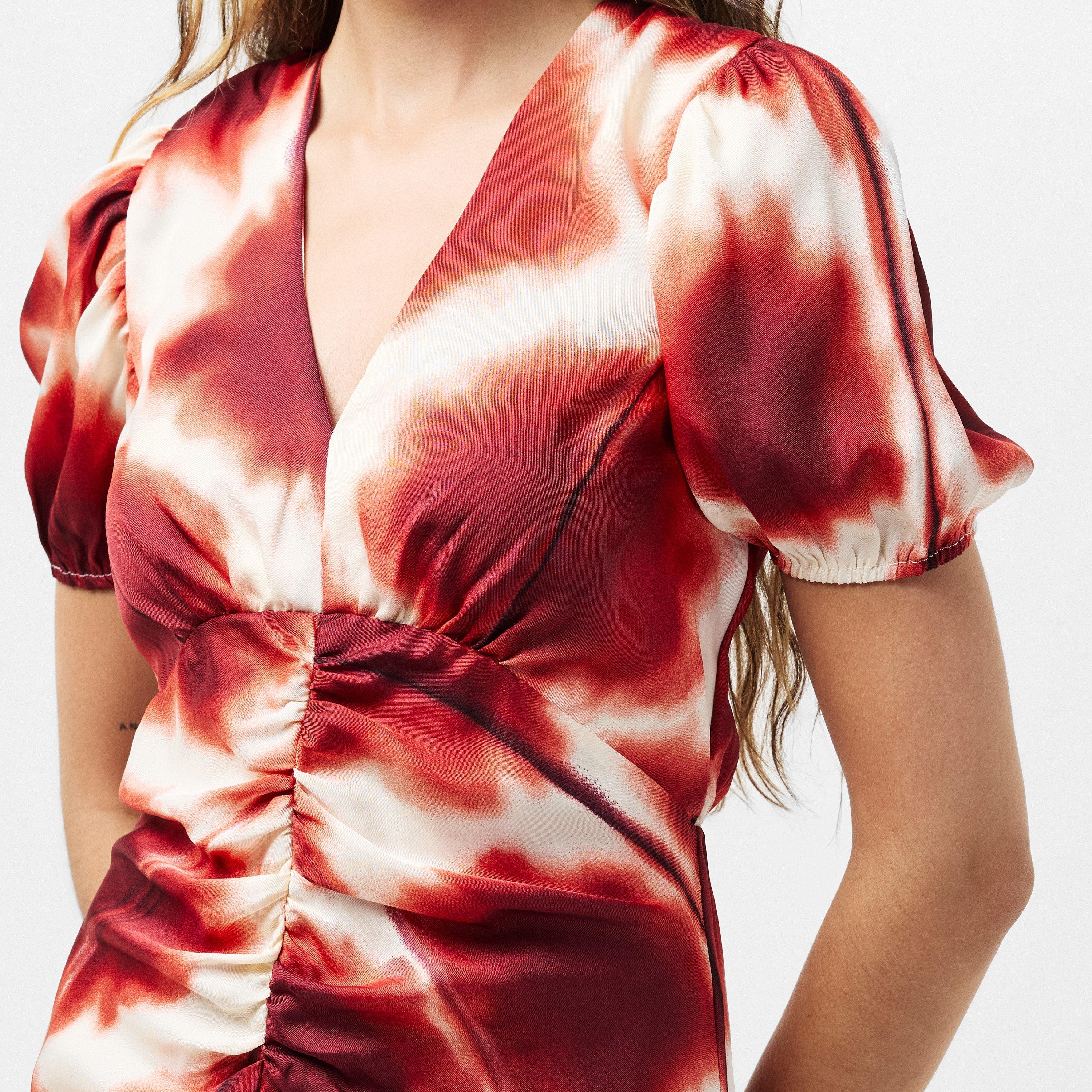 Multi - AX Paris - Rust Printed Puff Sleeve Front Split Midi Dress - 5