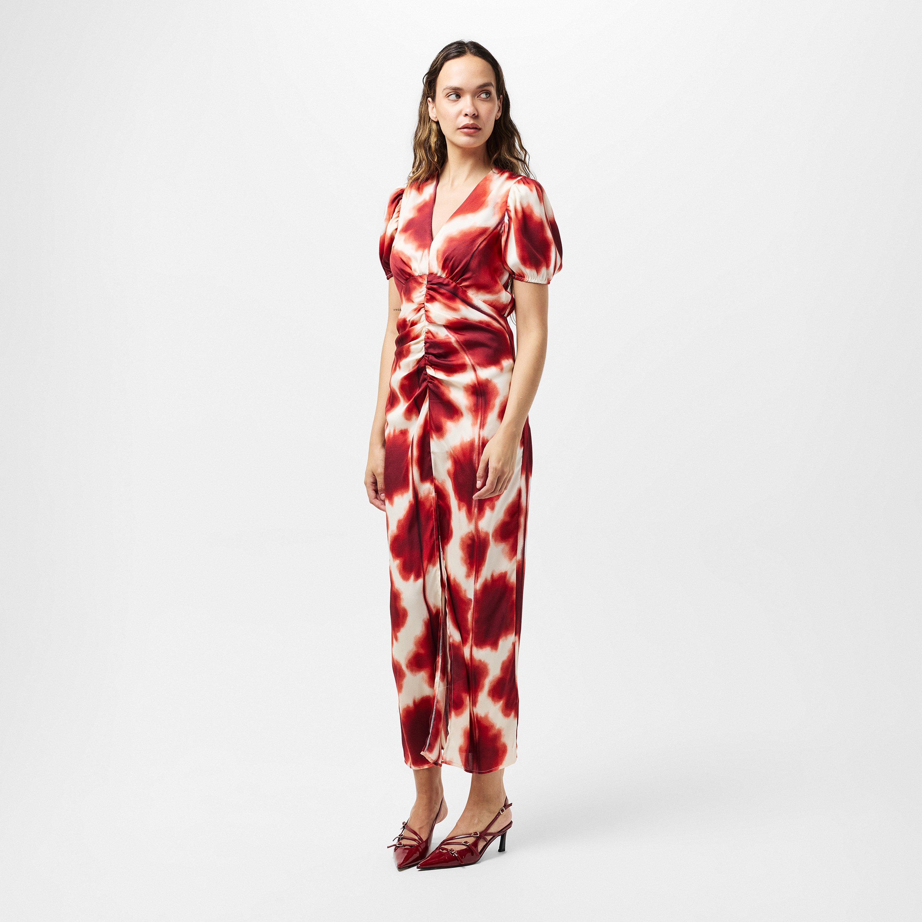 Multi - AX Paris - Rust Printed Puff Sleeve Front Split Midi Dress - 6