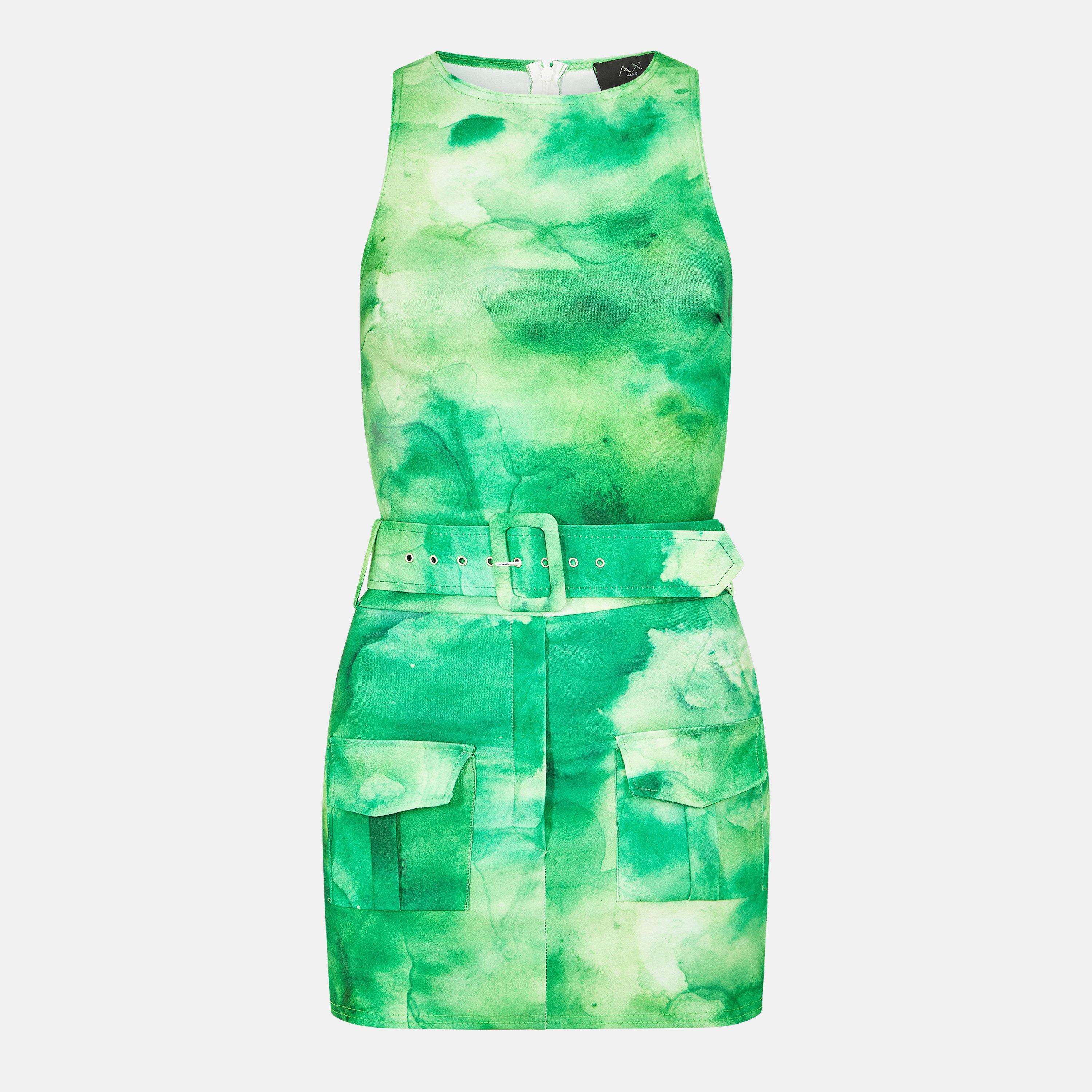 Green - AX Paris - Green Tie Dye Round Neck Belted Skort Cargo Playsuit - 1