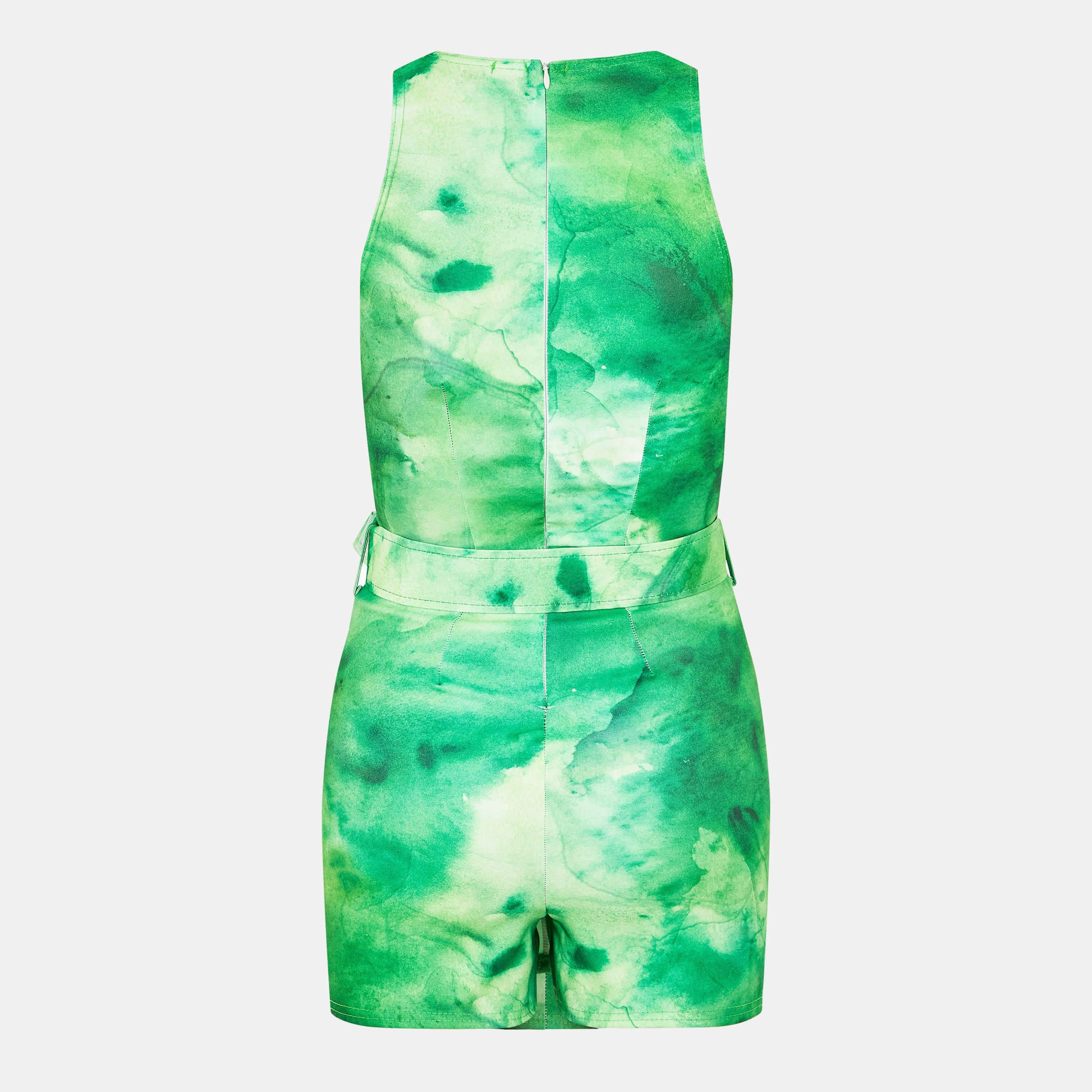 Green - AX Paris - Green Tie Dye Round Neck Belted Skort Cargo Playsuit - 2