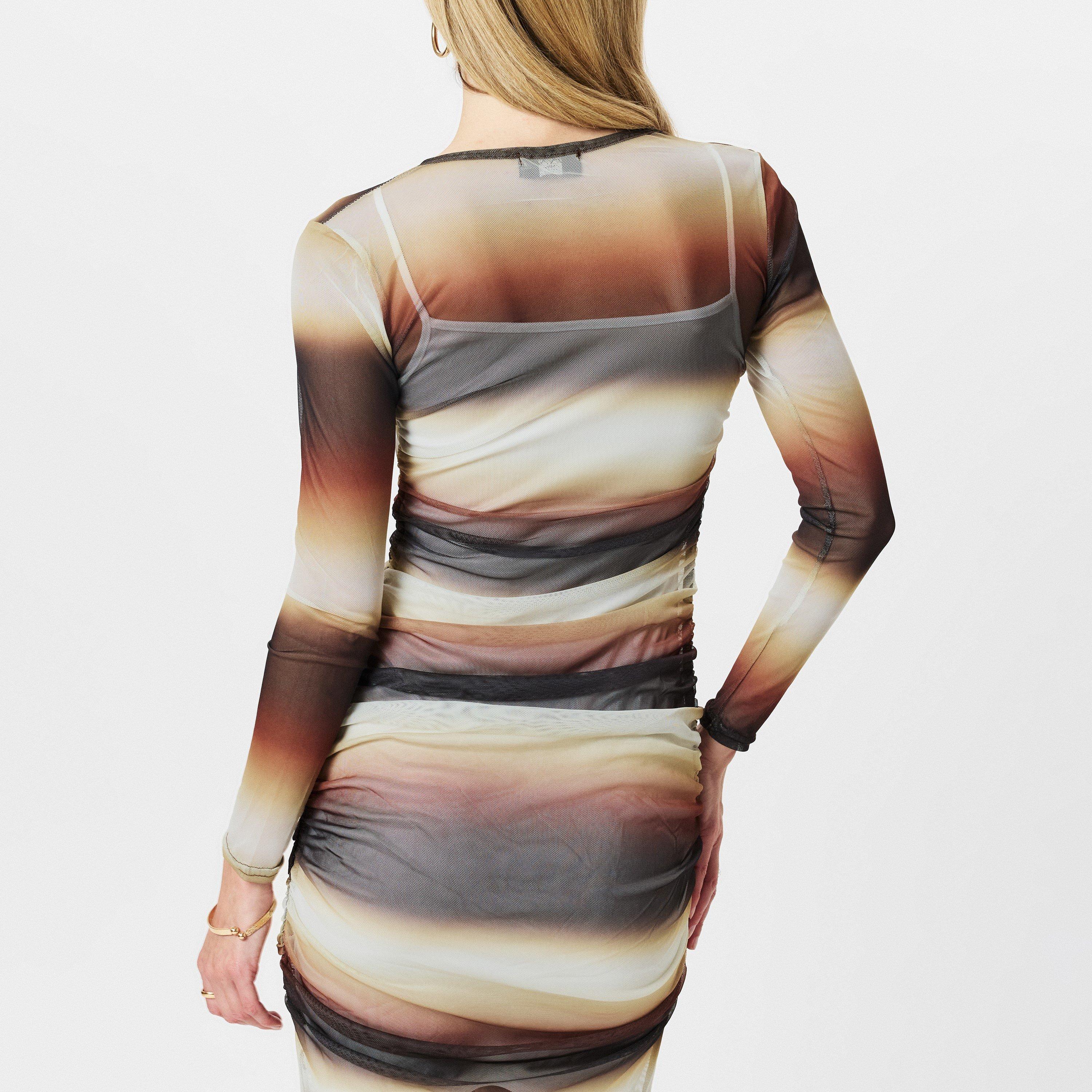 Brown - AX Paris - Brown Ombre Printed Mesh Overlay Long Sleeve Bodycon Midi Dress - 3