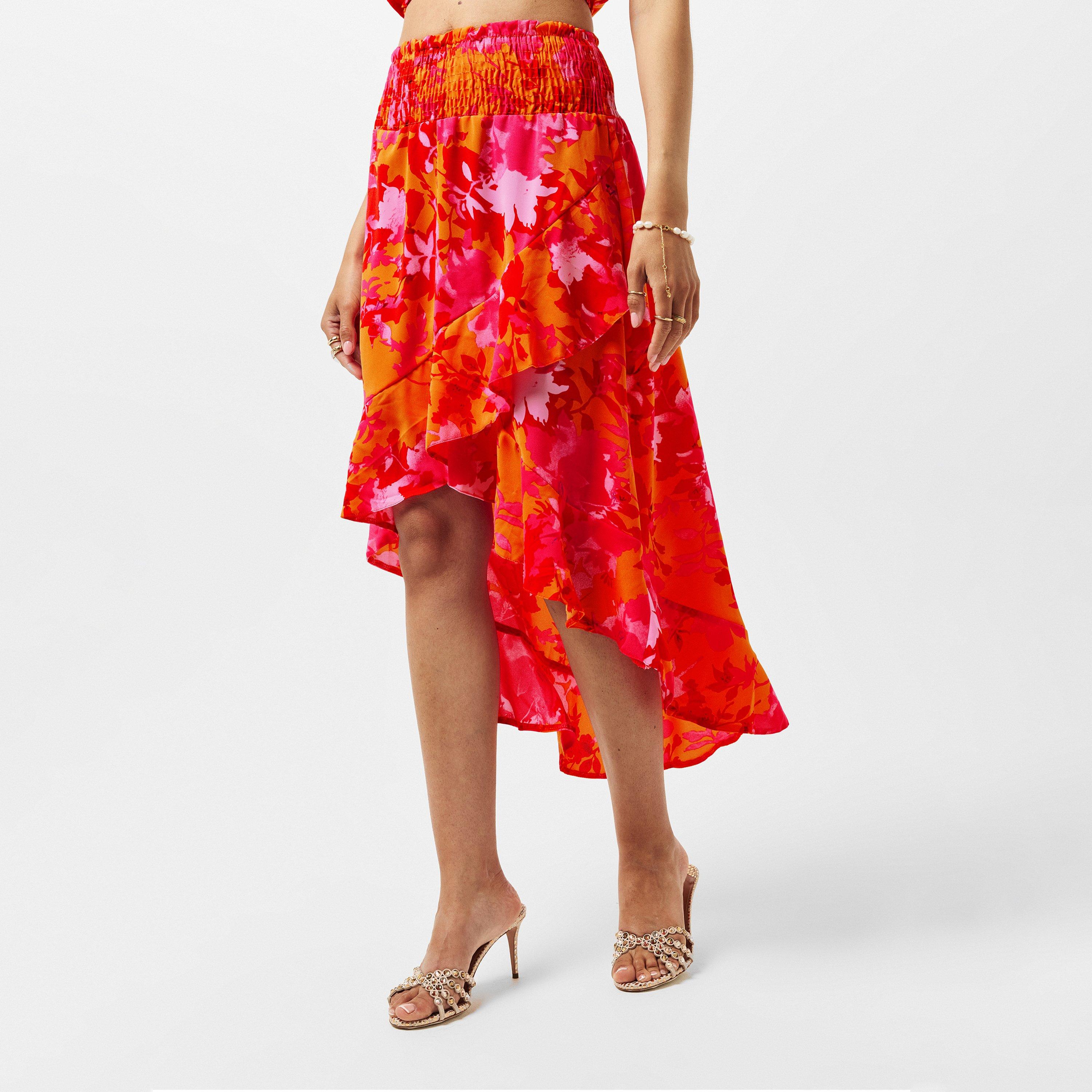 AX Paris Pink And Orange Frill Detail Dipped Hem Skirt | USC