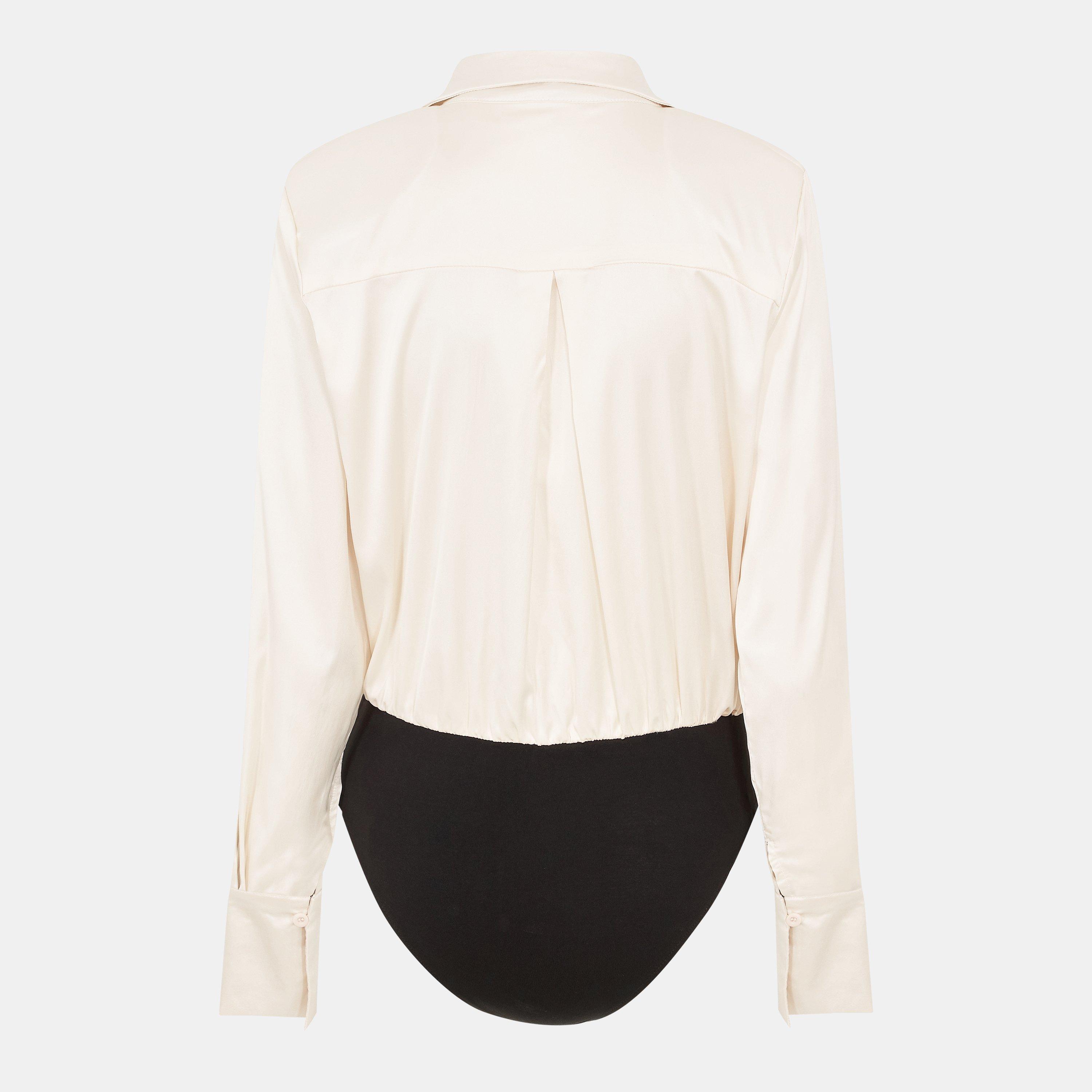 Cream - AX Paris - Cream Satin Wrap Shirt Bodysuit - 2