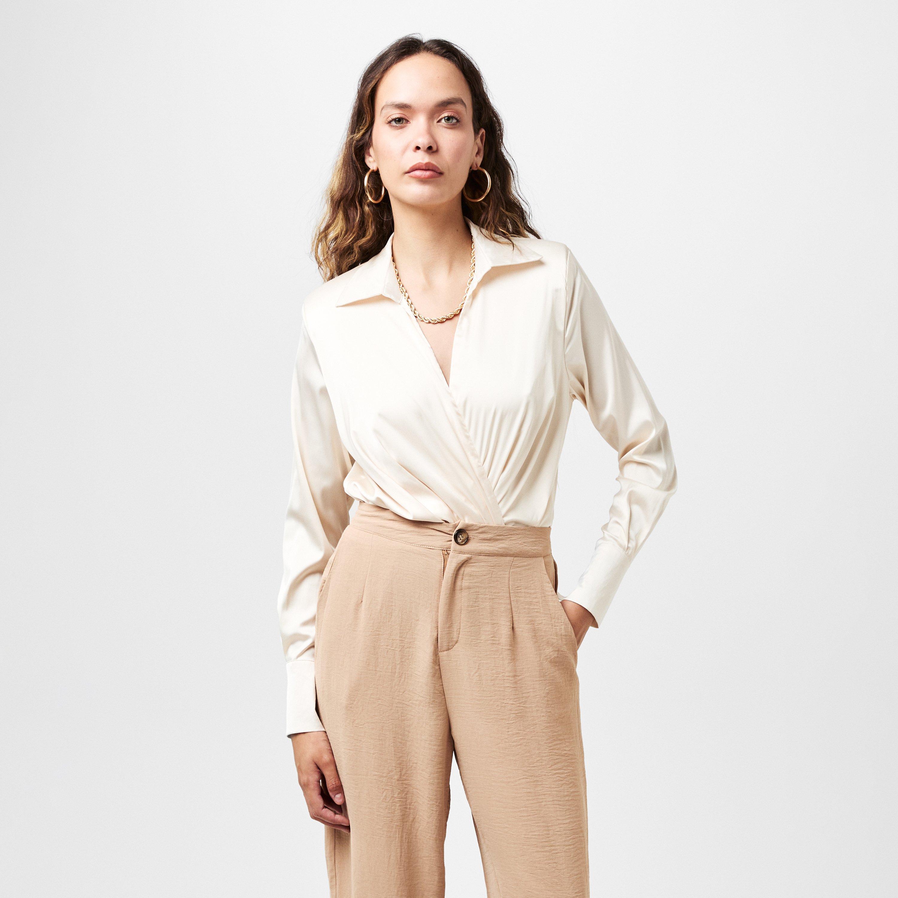 Cream - AX Paris - Cream Satin Wrap Shirt Bodysuit - 3