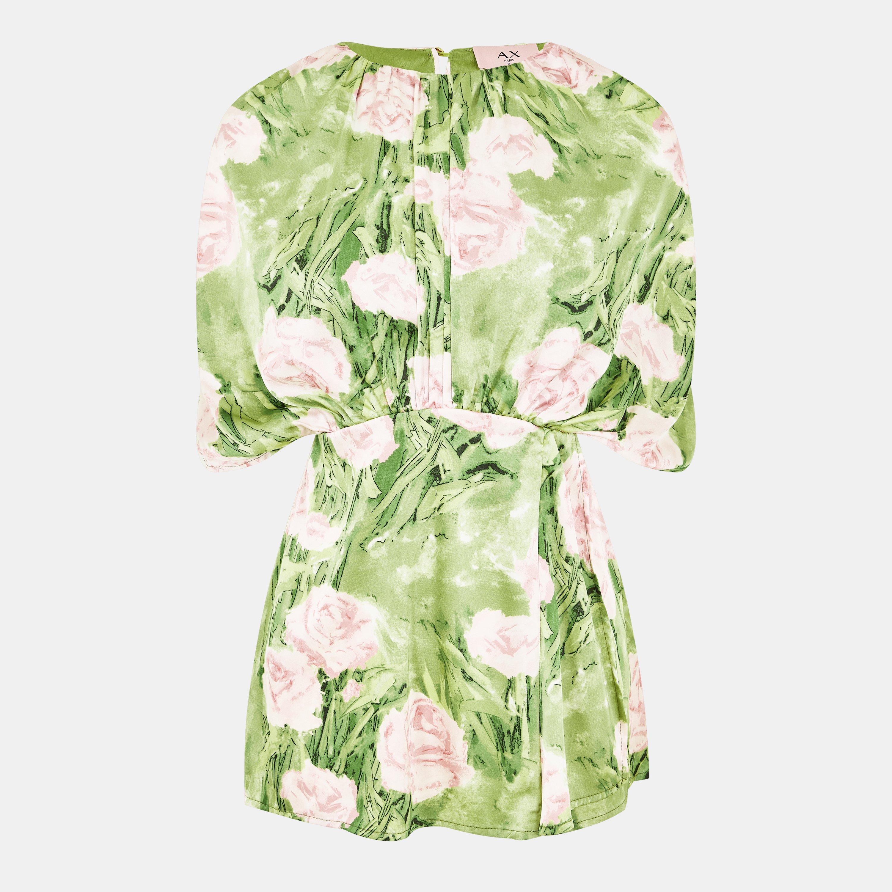 Green - AX Paris - Green Floral Satin Ruched Shoulder Batwing Top - 1