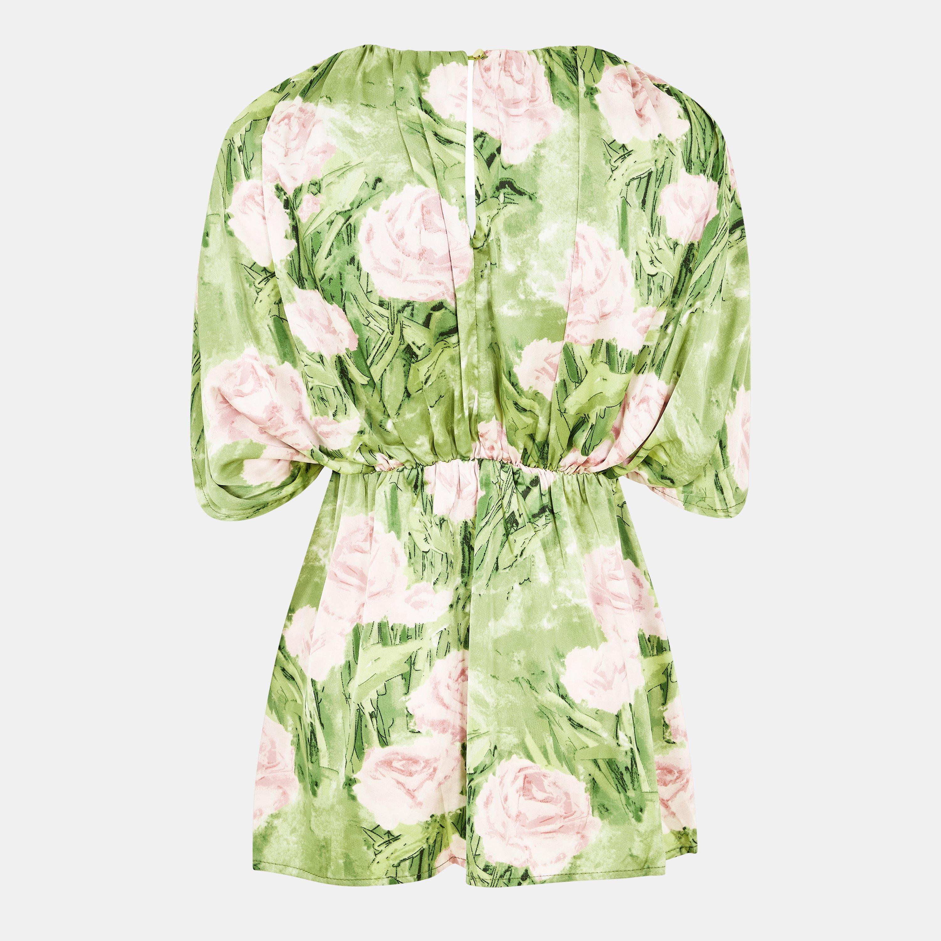 Green - AX Paris - Green Floral Satin Ruched Shoulder Batwing Top - 2