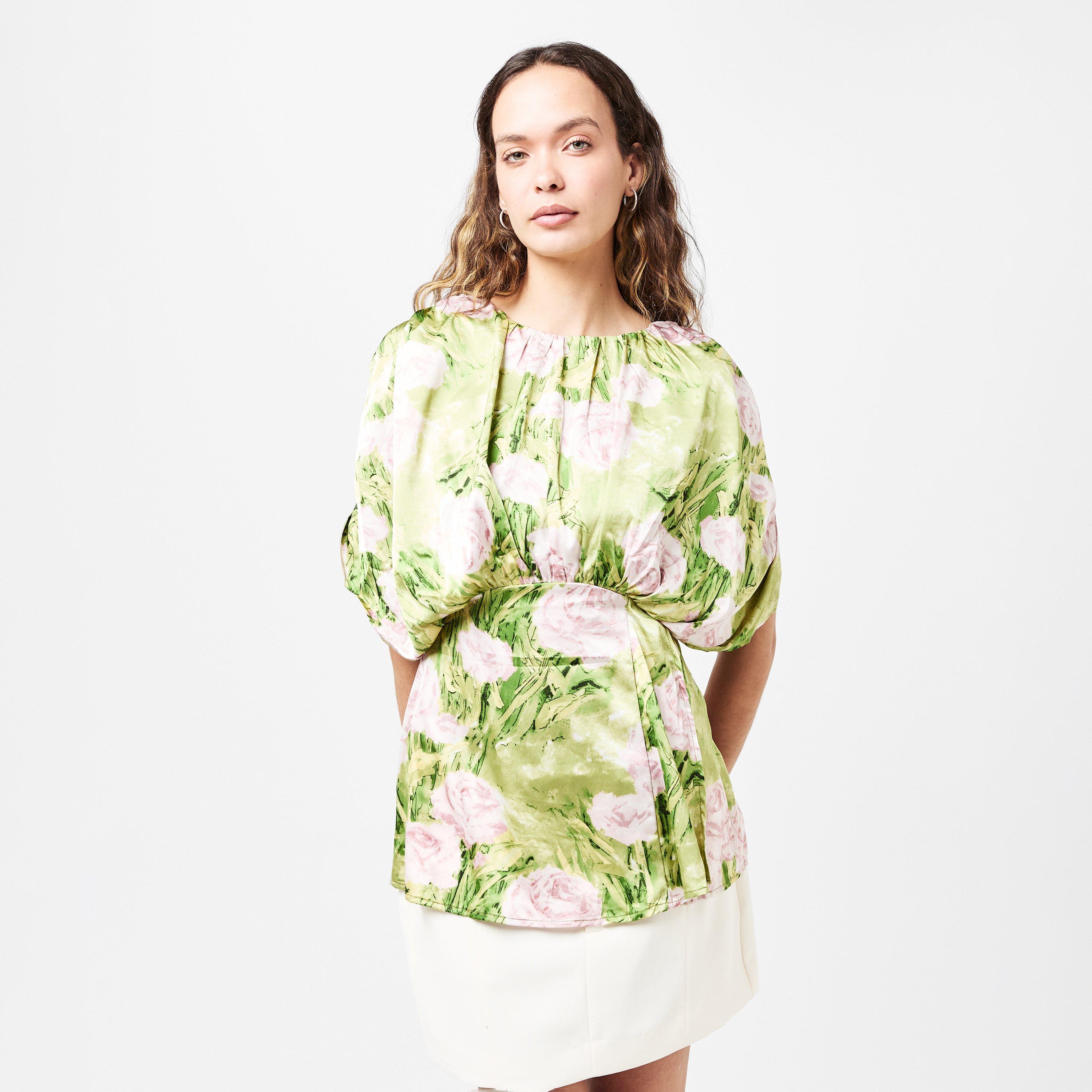 Green - AX Paris - Green Floral Satin Ruched Shoulder Batwing Top - 3