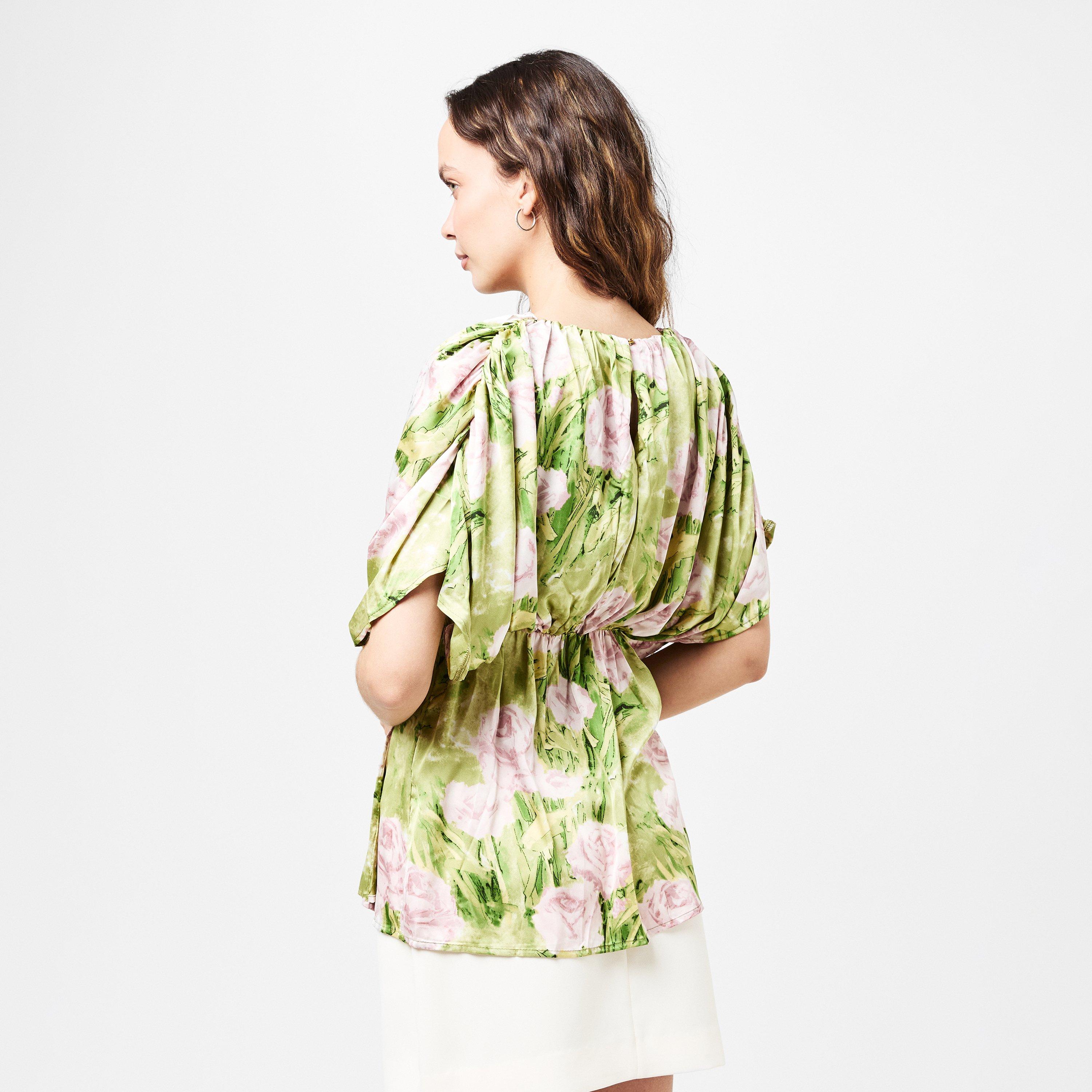 Green - AX Paris - Green Floral Satin Ruched Shoulder Batwing Top - 4