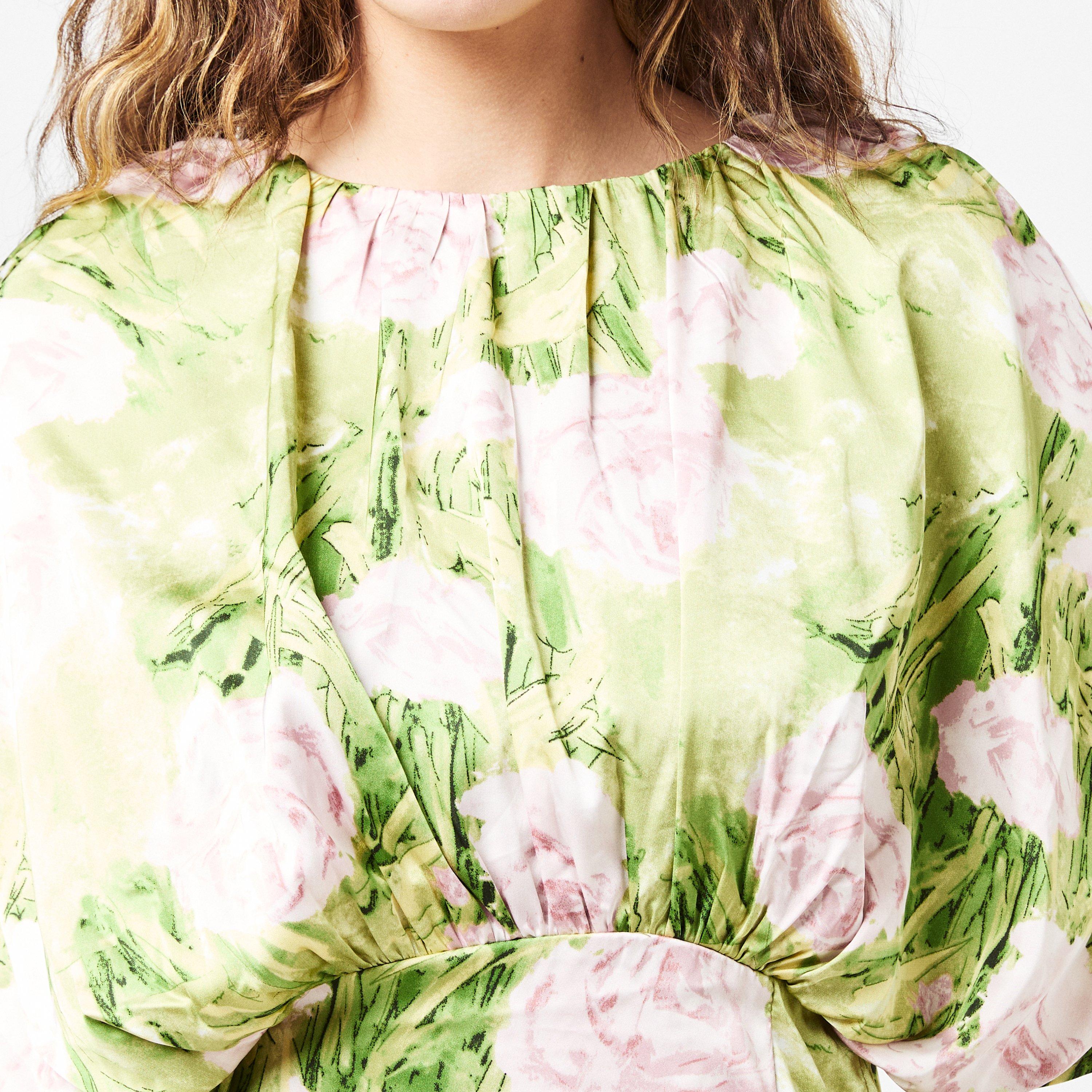 Green - AX Paris - Green Floral Satin Ruched Shoulder Batwing Top - 5