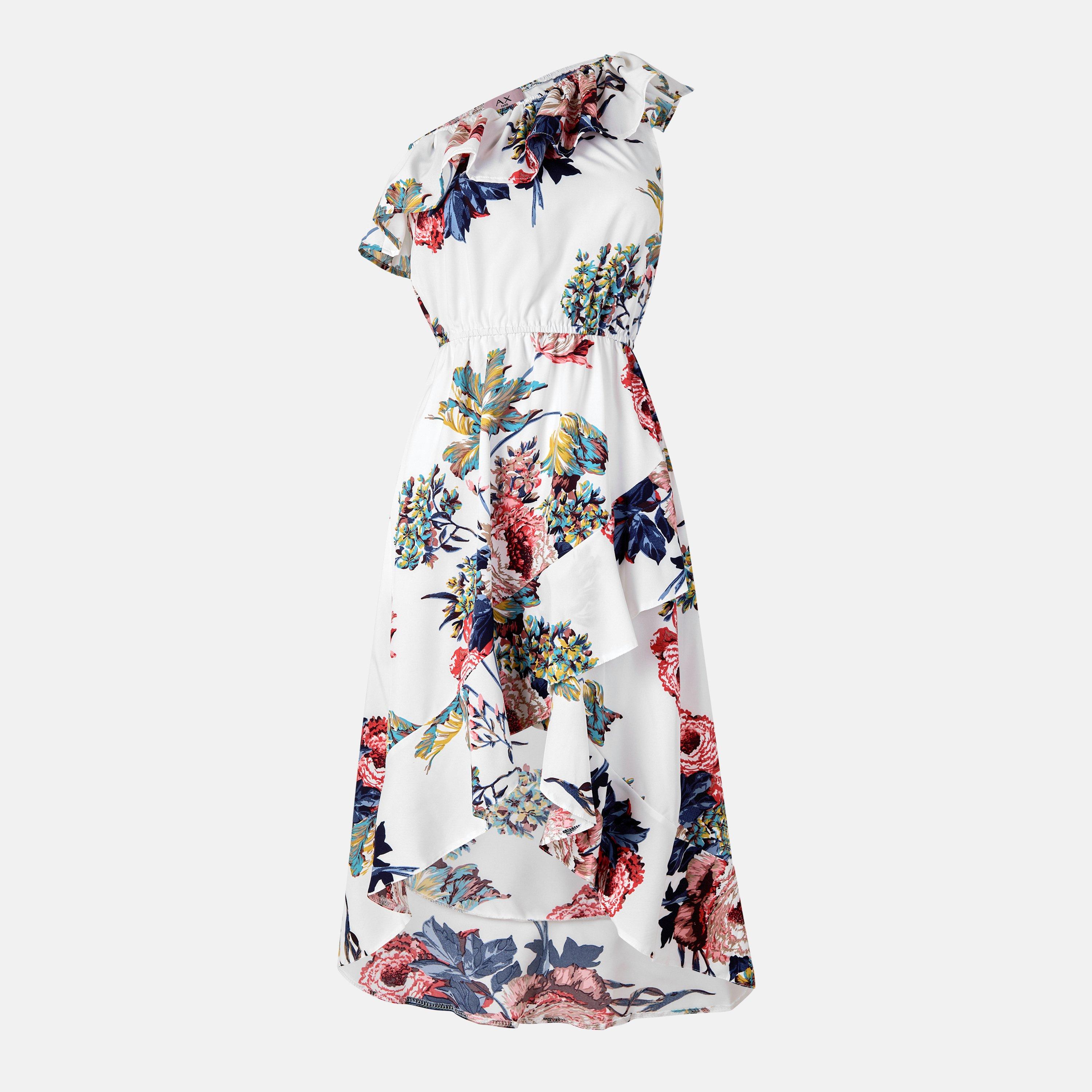 Cream - AX Paris - Cream Floral One Shoulder Frill Detail Dipped Hem Dress - 1