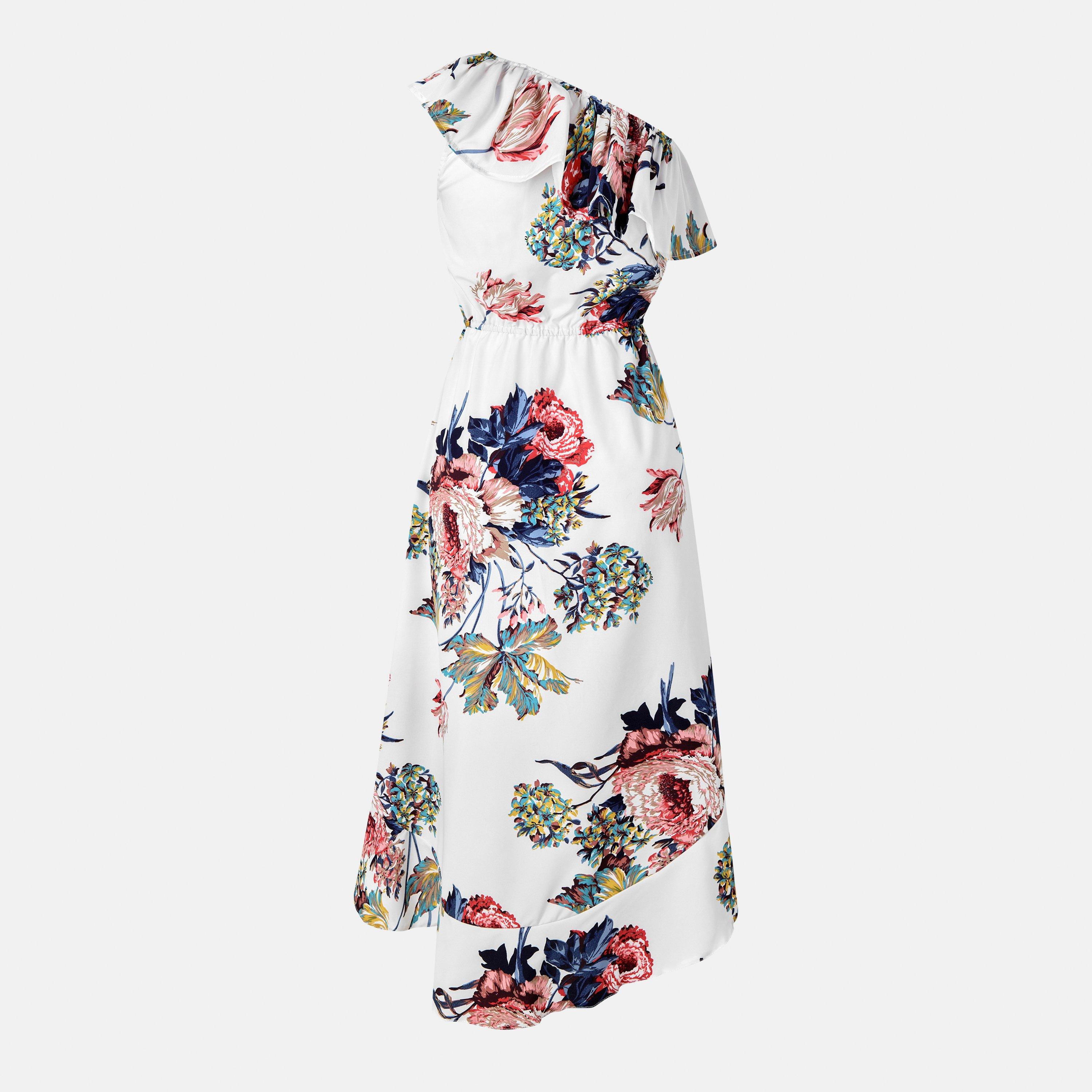 Cream - AX Paris - Cream Floral One Shoulder Frill Detail Dipped Hem Dress - 2