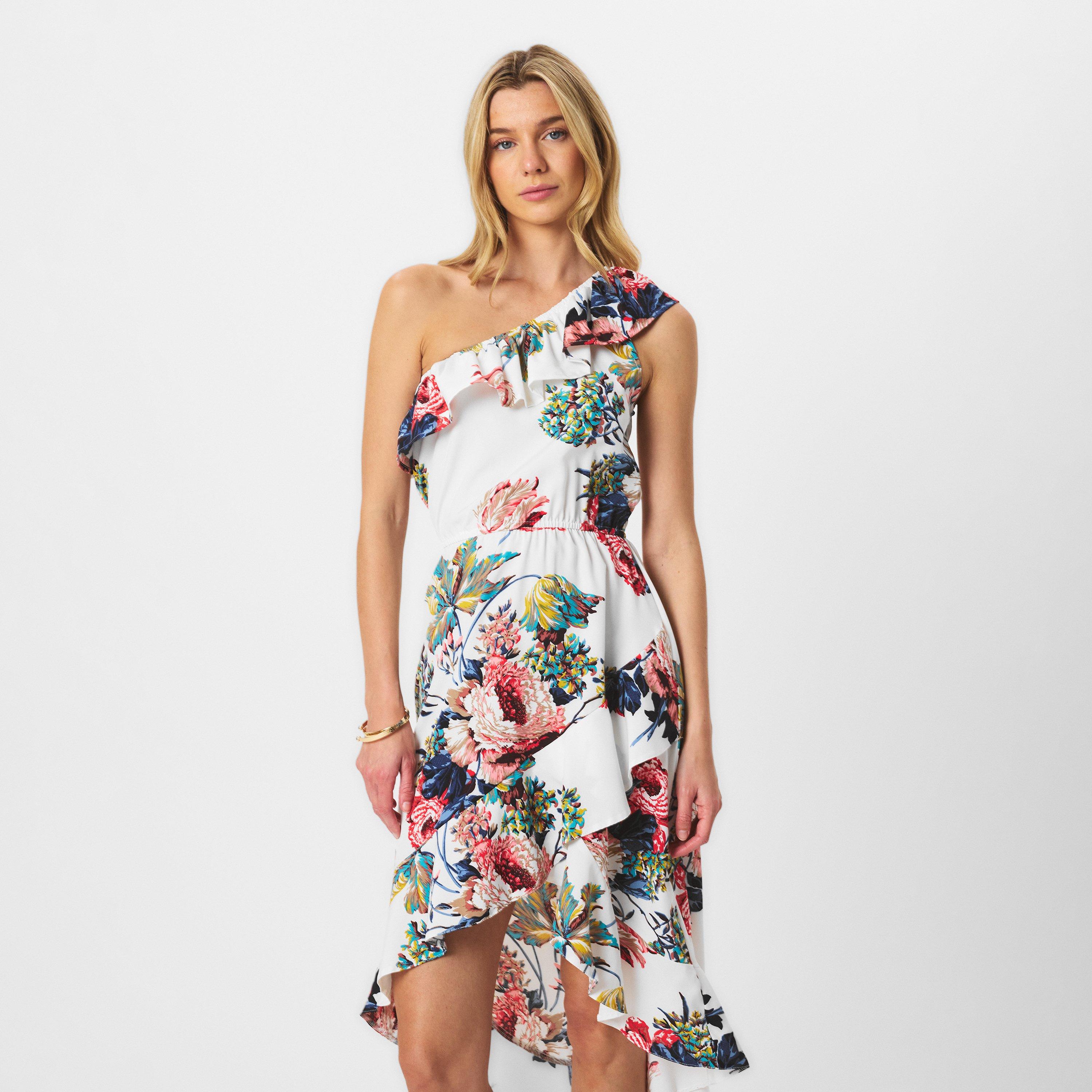 Cream - AX Paris - Cream Floral One Shoulder Frill Detail Dipped Hem Dress - 3