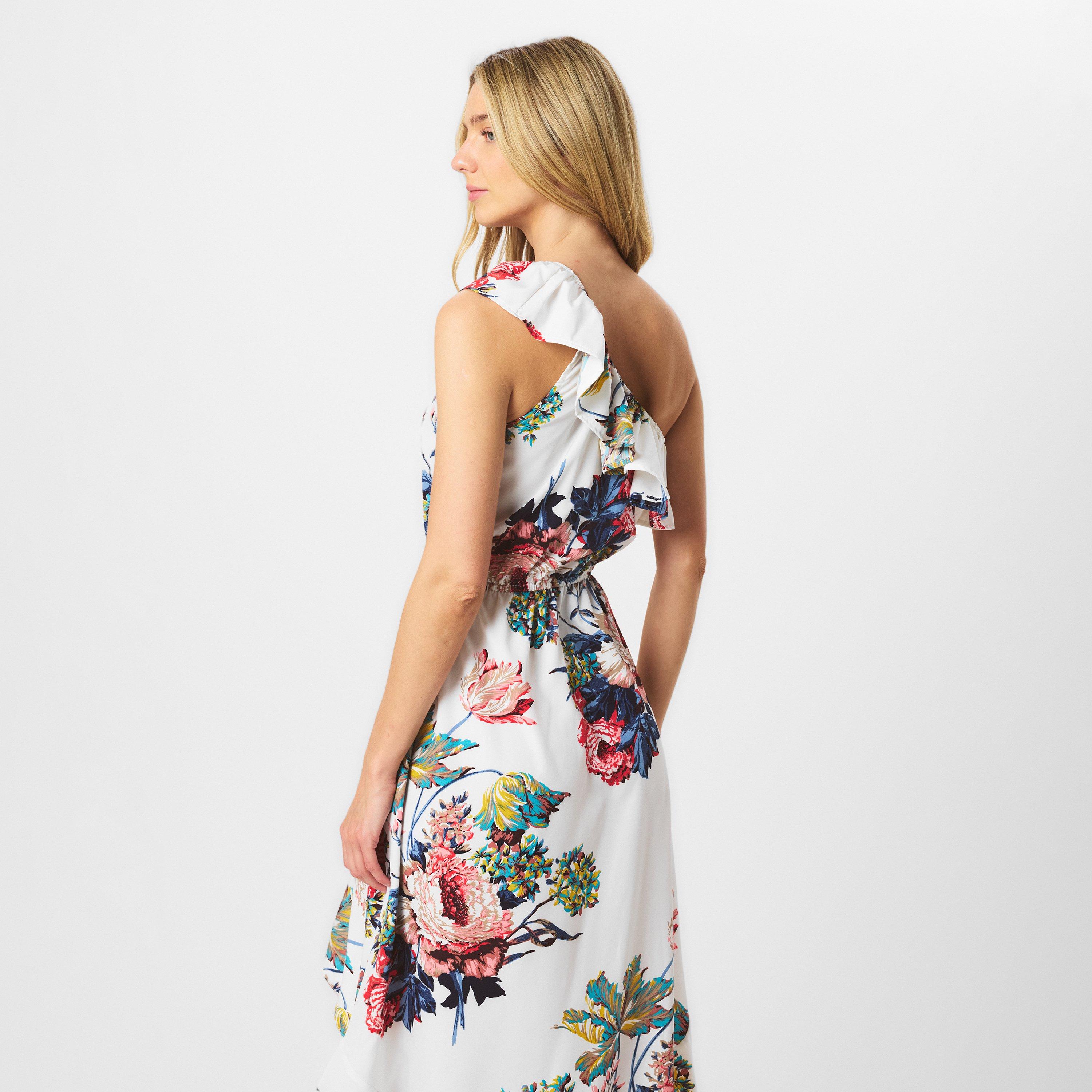 Cream - AX Paris - Cream Floral One Shoulder Frill Detail Dipped Hem Dress - 4