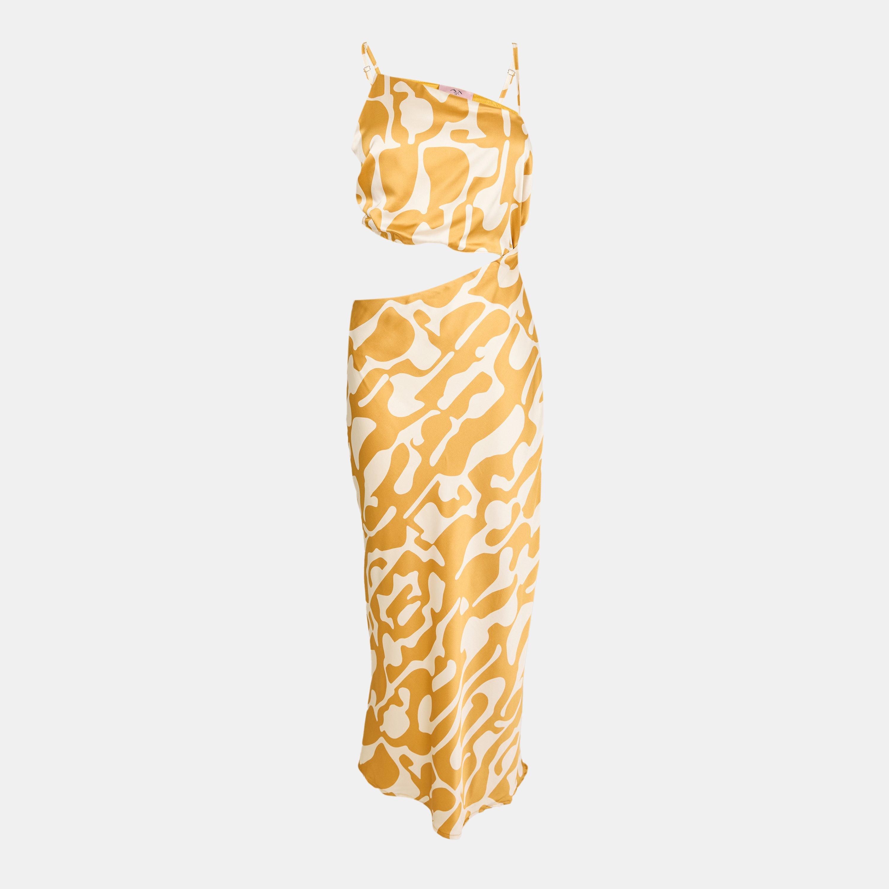 Yellow - AX Paris - Mustard Abstract Print Asymmetric Cut Out Midi Dress - 1