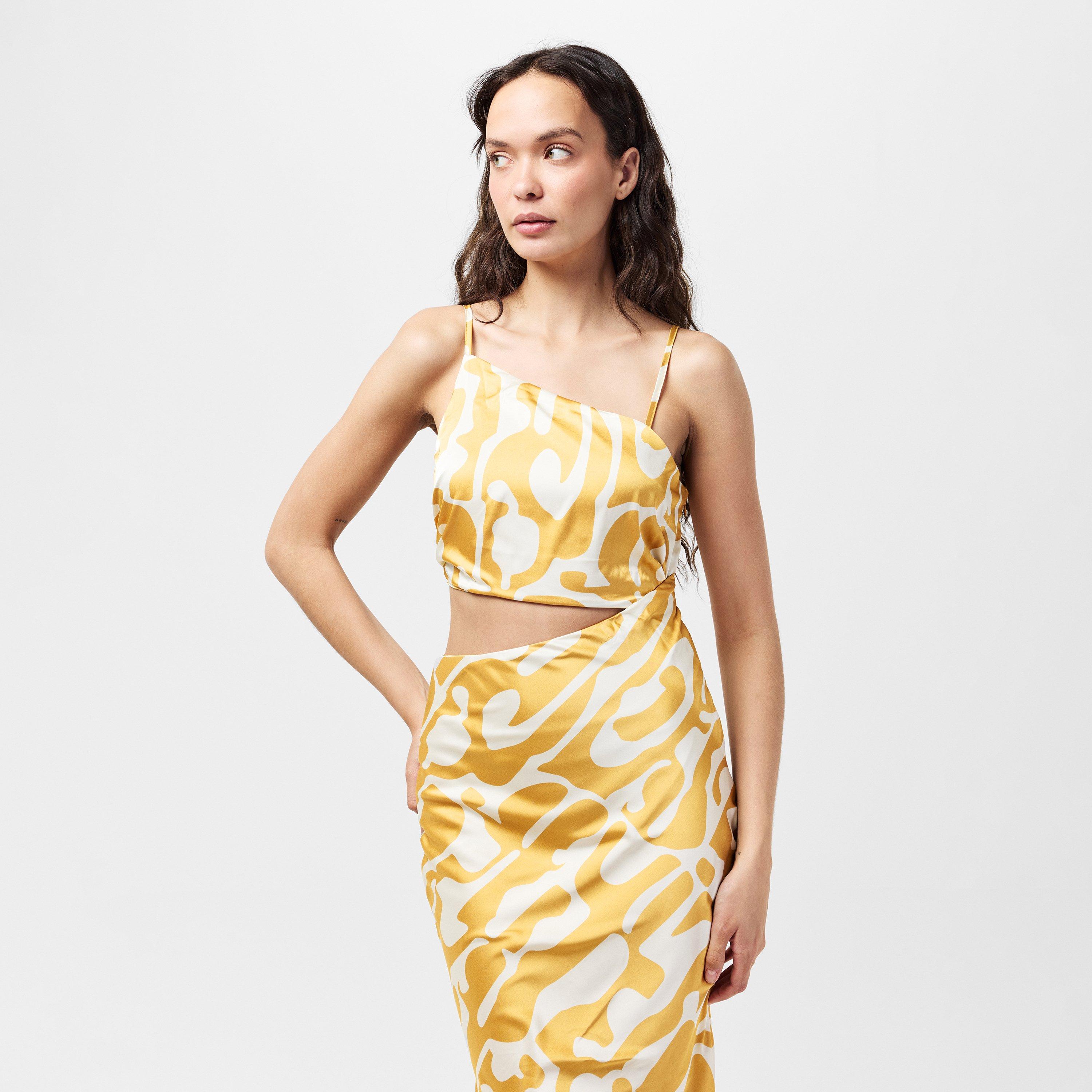 Yellow - AX Paris - Mustard Abstract Print Asymmetric Cut Out Midi Dress - 3