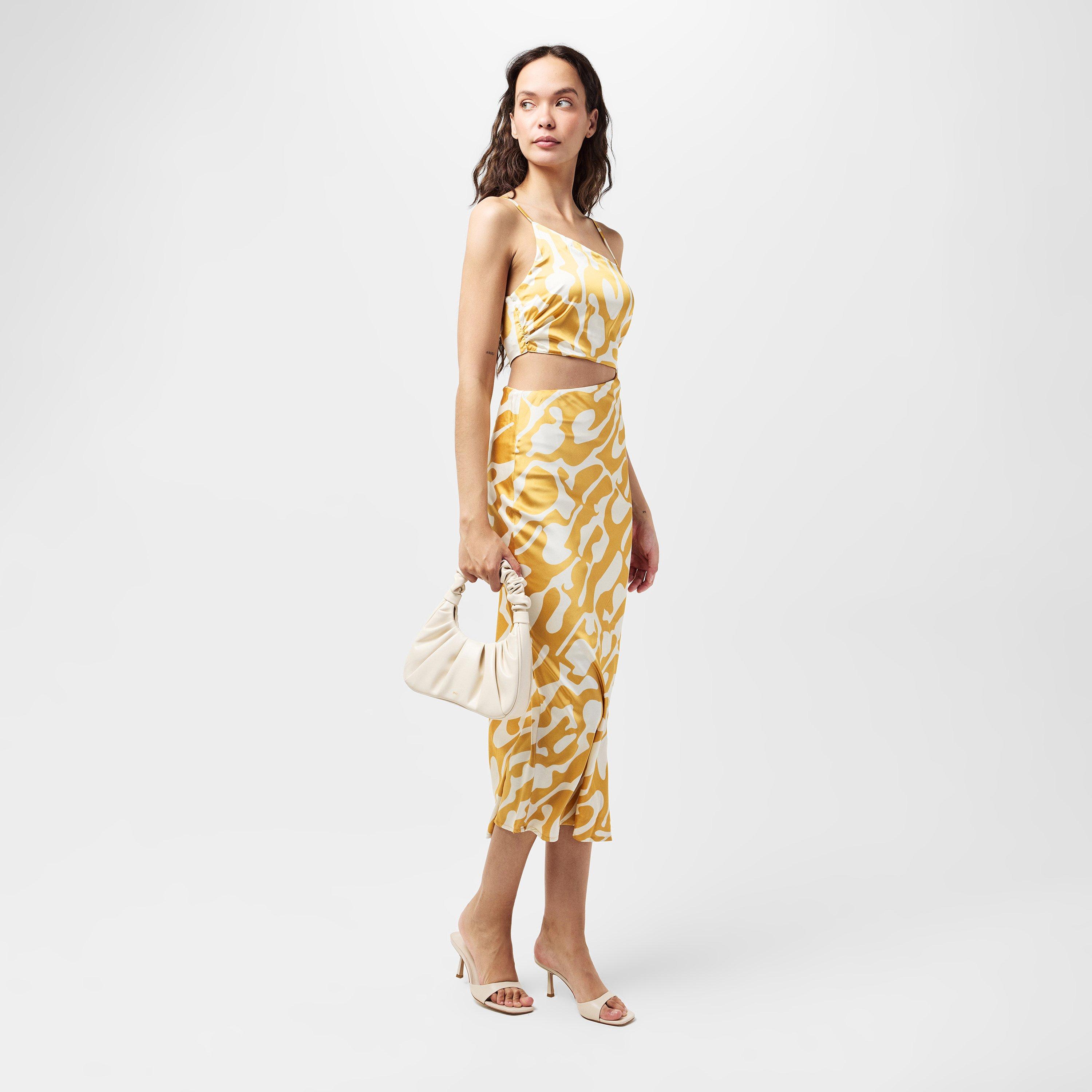 Yellow - AX Paris - Mustard Abstract Print Asymmetric Cut Out Midi Dress - 6