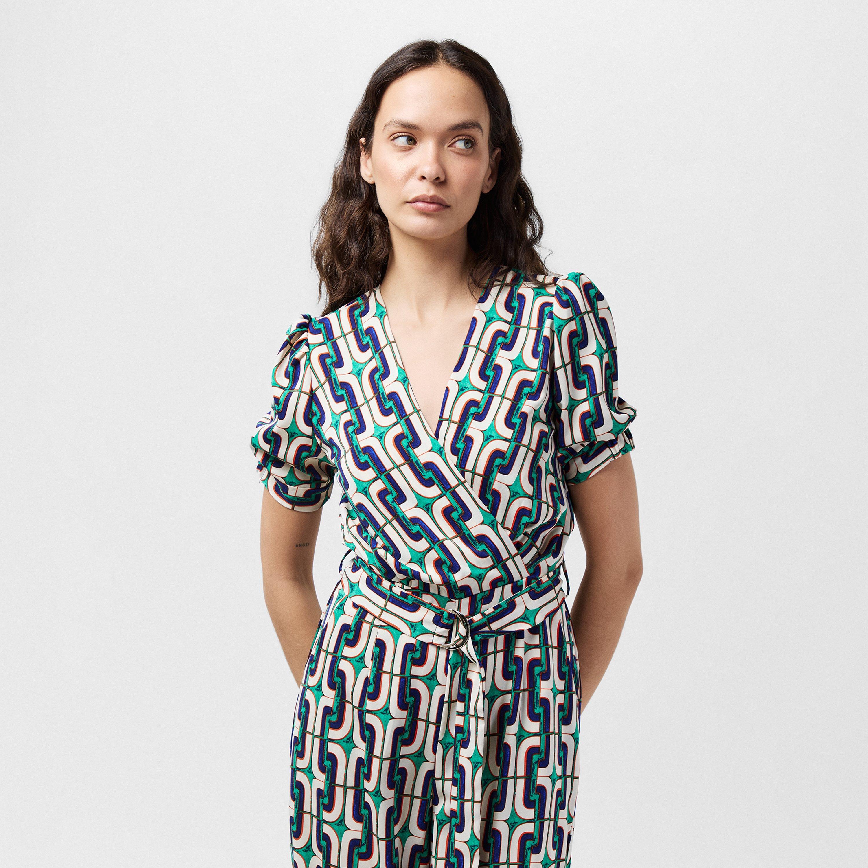 Multi - AX Paris - Multi Geometric Printed Wrap Top Belted Jumpsuit - 2