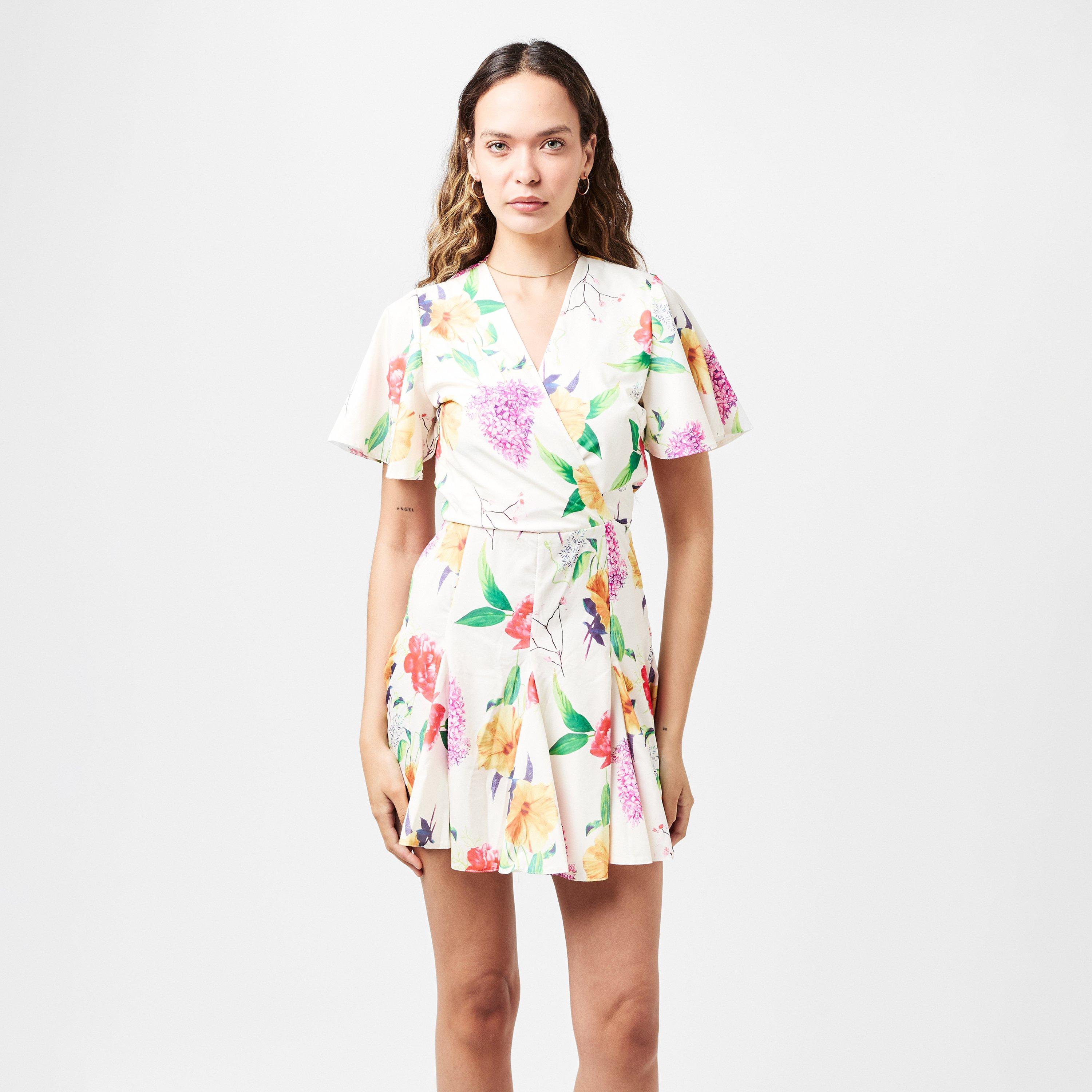 Cream - AX Paris - Cream Floral Printed Wrap Top Skater Dress - 3