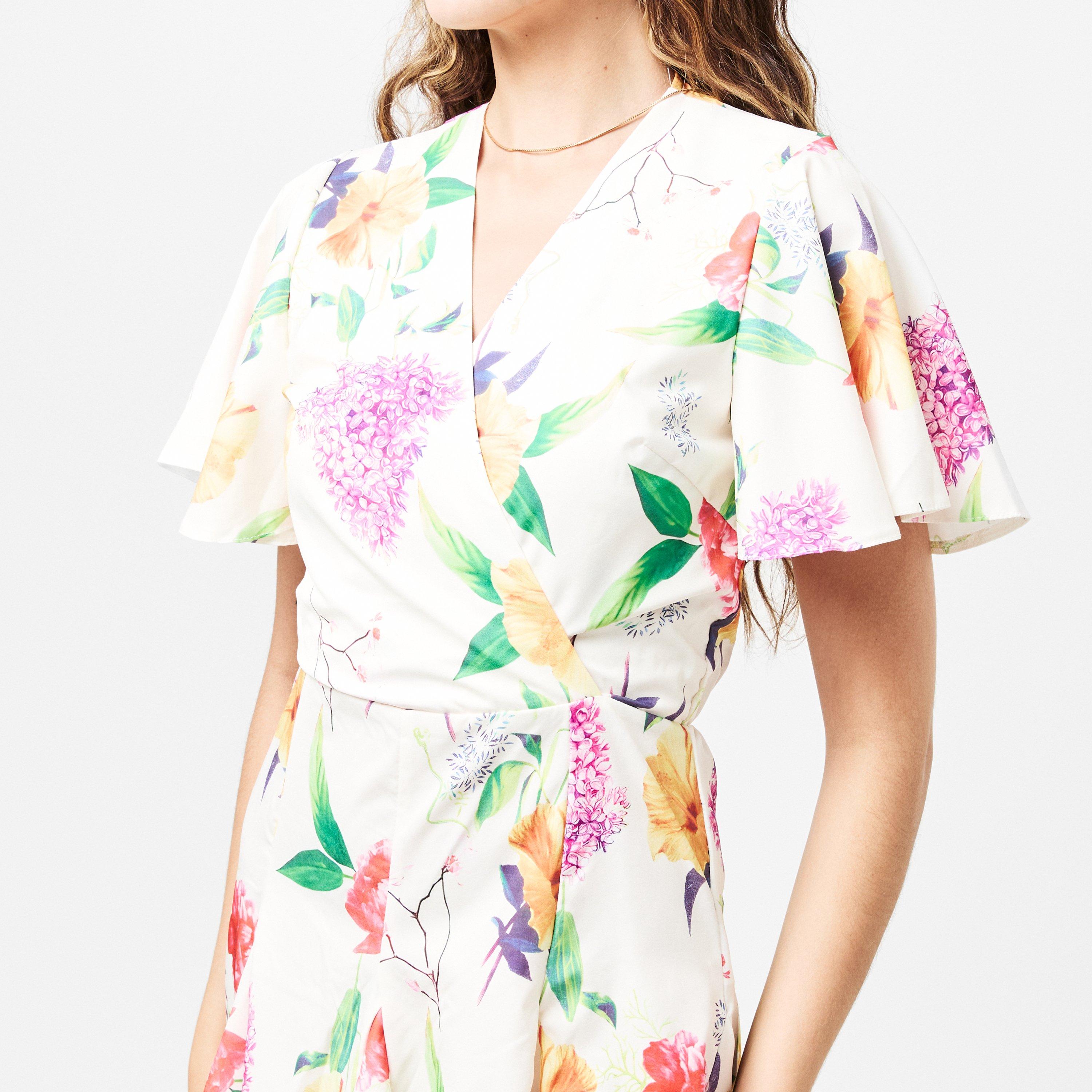 Cream - AX Paris - Cream Floral Printed Wrap Top Skater Dress - 5