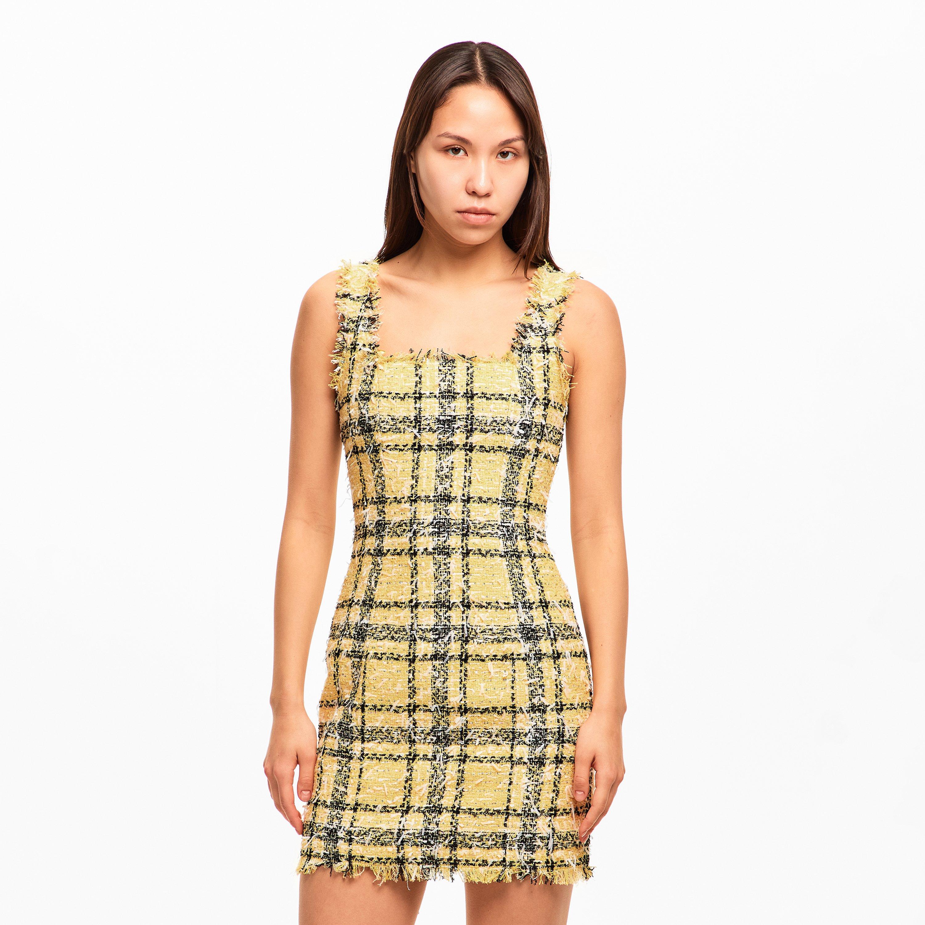 Pale Yellow - Balmain - Short Strappy Dress in Glitter Tweed - 3
