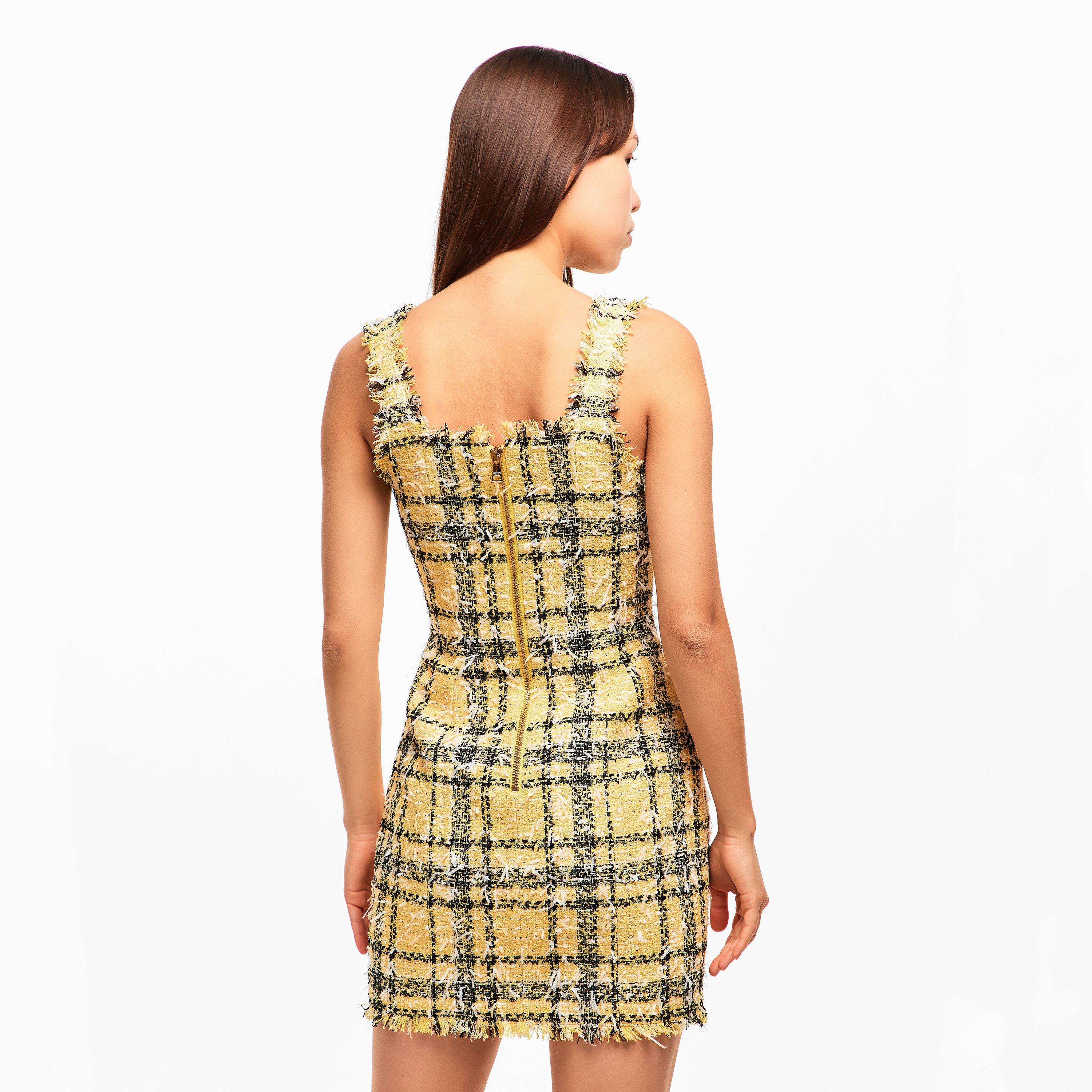 Pale Yellow - Balmain - Short Strappy Dress in Glitter Tweed - 4
