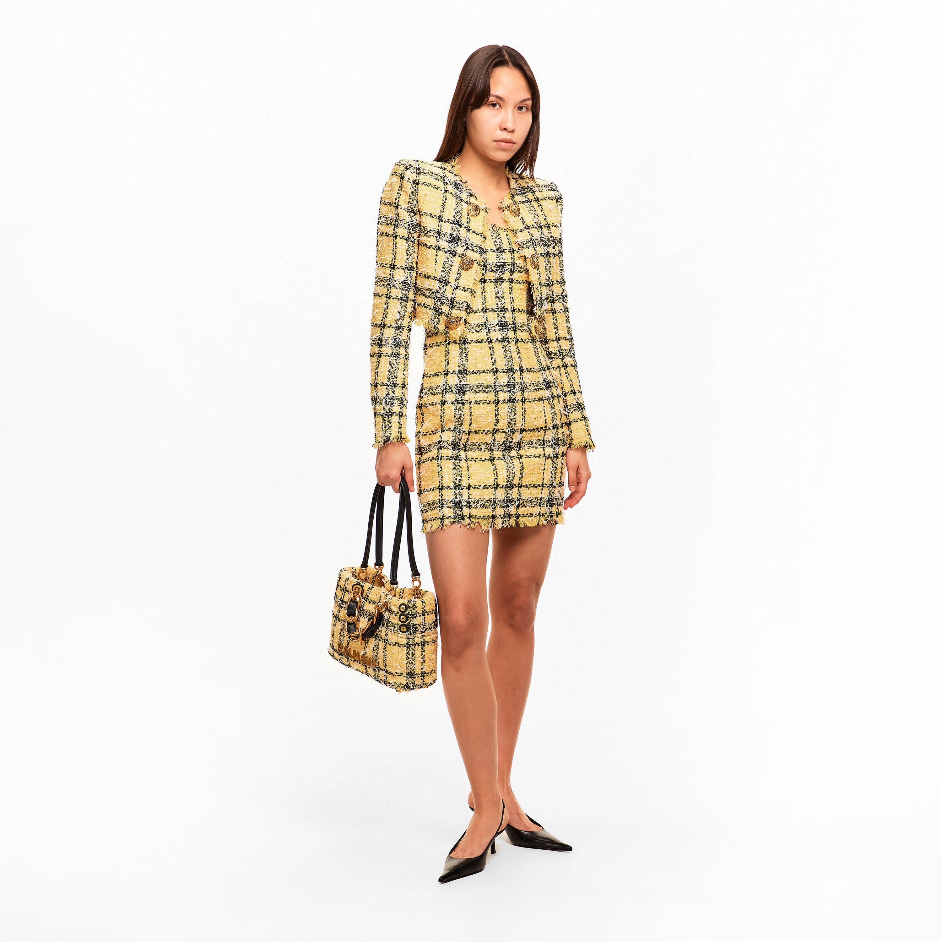 Pale Yellow - Balmain - Short Strappy Dress in Glitter Tweed - 6