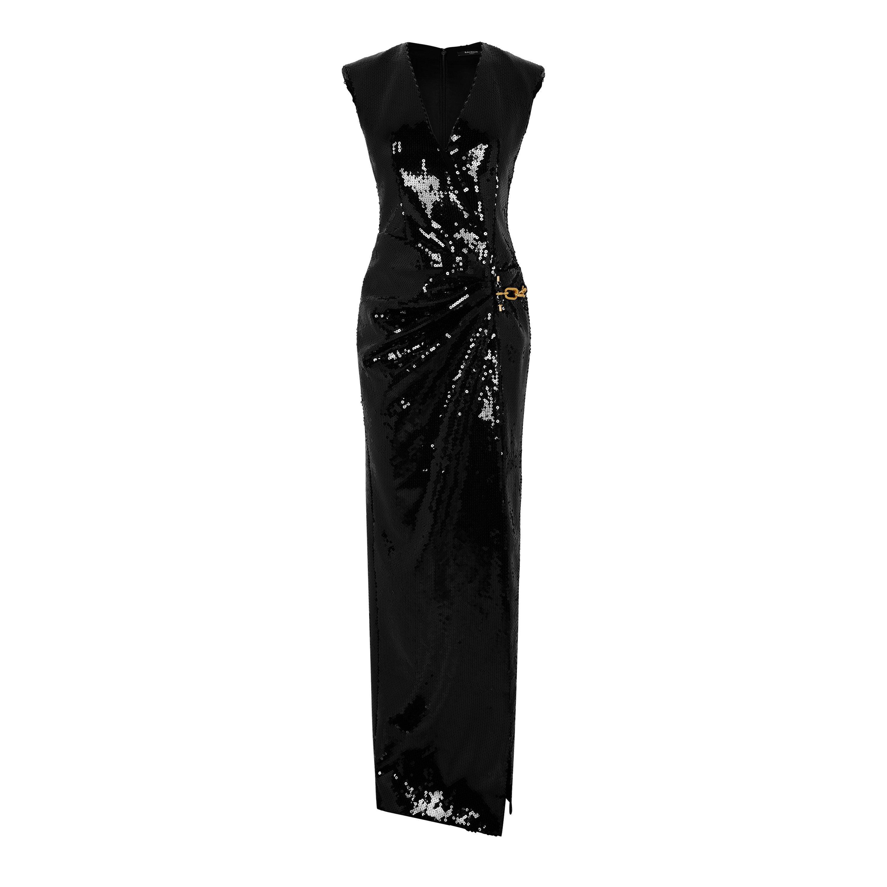 Black - Balmain - Long Draped Sequin Dress - 1