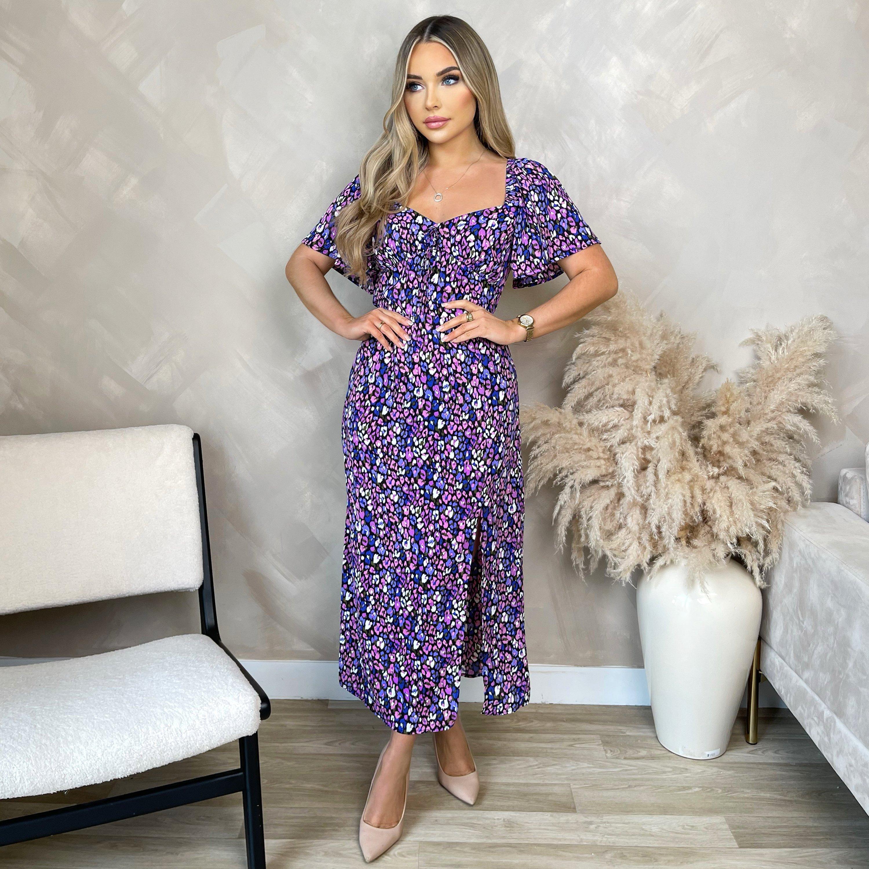 Purple - AX Paris - Animal Print Short Sleeve Tie Front Midi Dress - 4