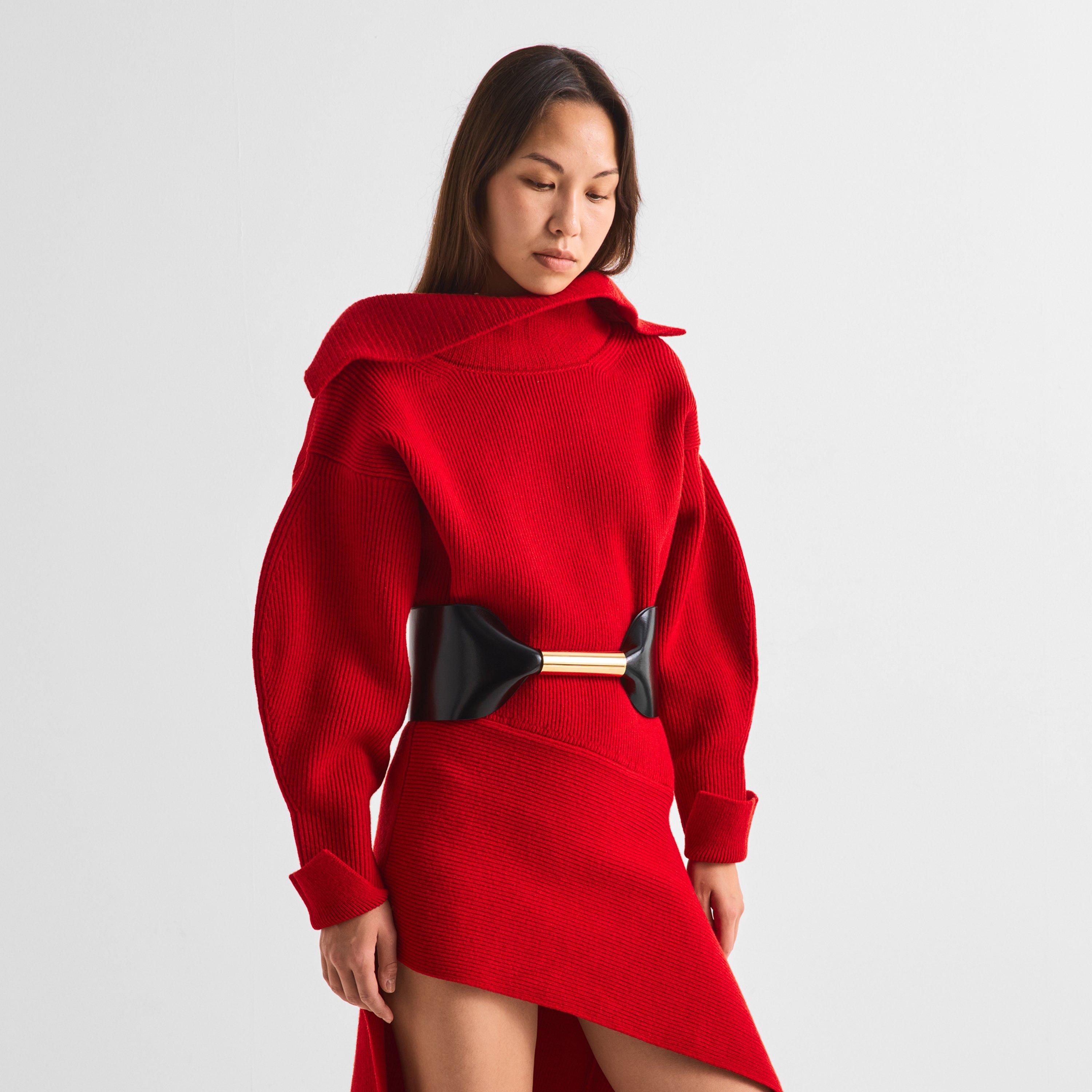 Red - GIVENCHY - Women's High-Neck Slashed Wool Midi Dress - 3