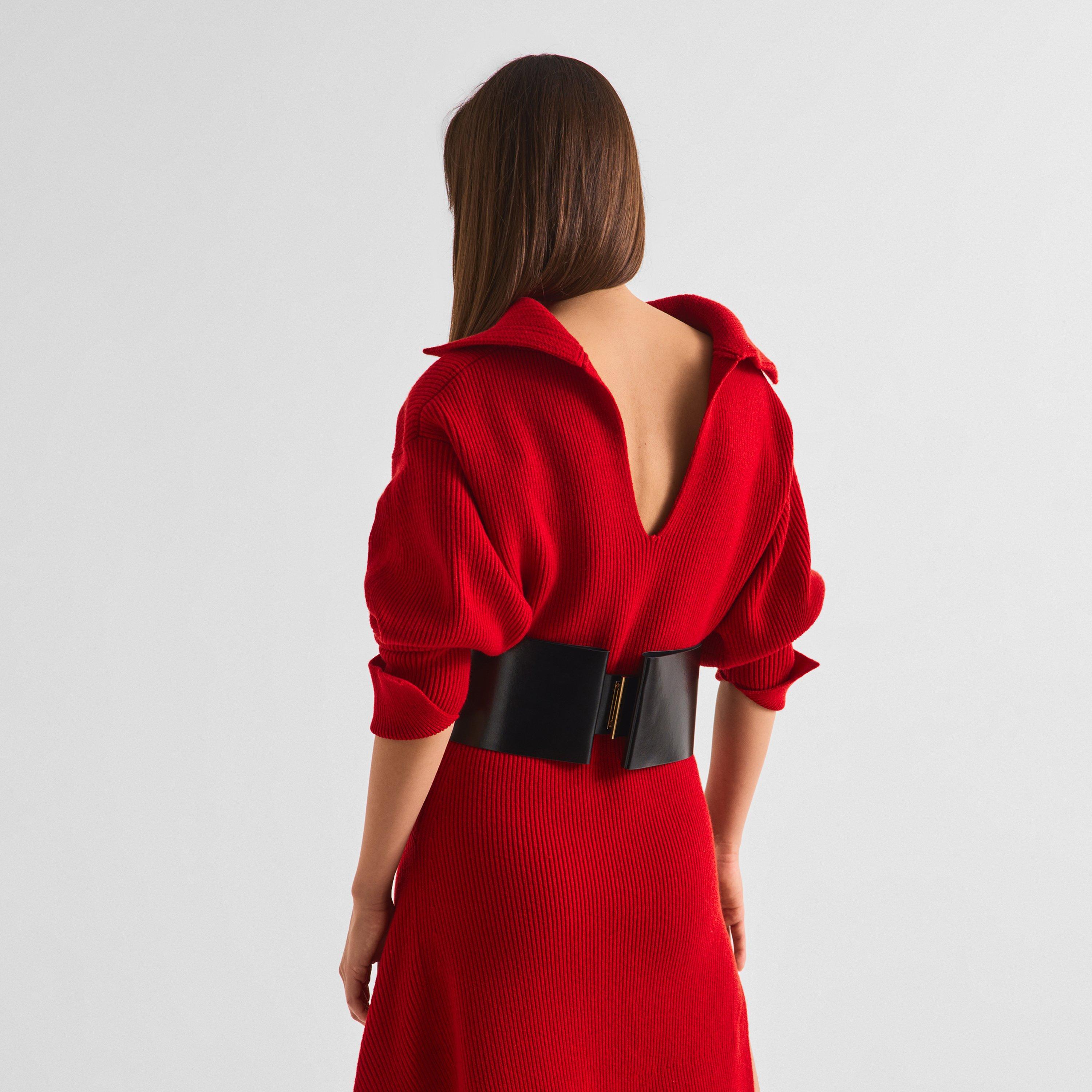 Red - GIVENCHY - Women's High-Neck Slashed Wool Midi Dress - 4