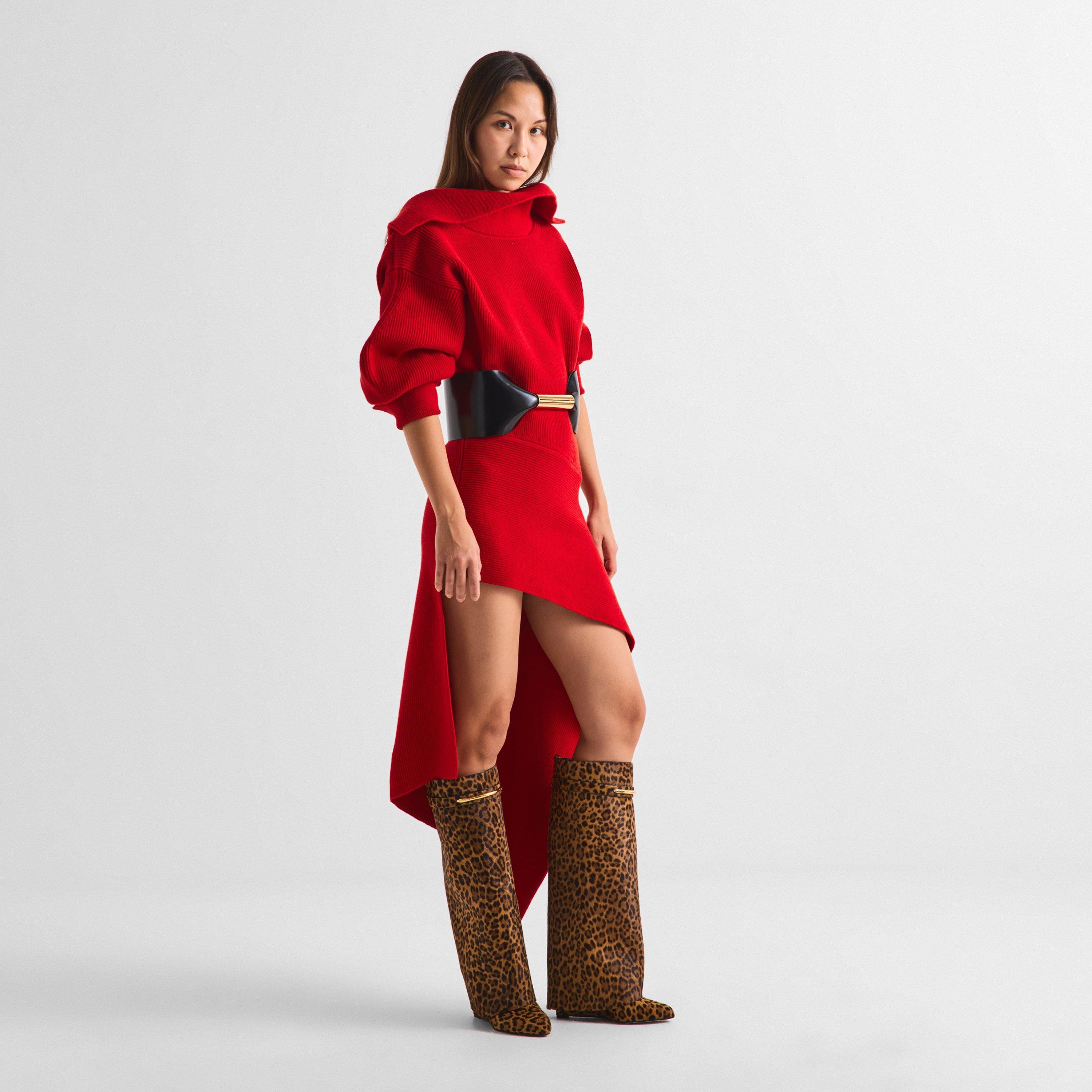 Red - GIVENCHY - Women's High-Neck Slashed Wool Midi Dress - 6