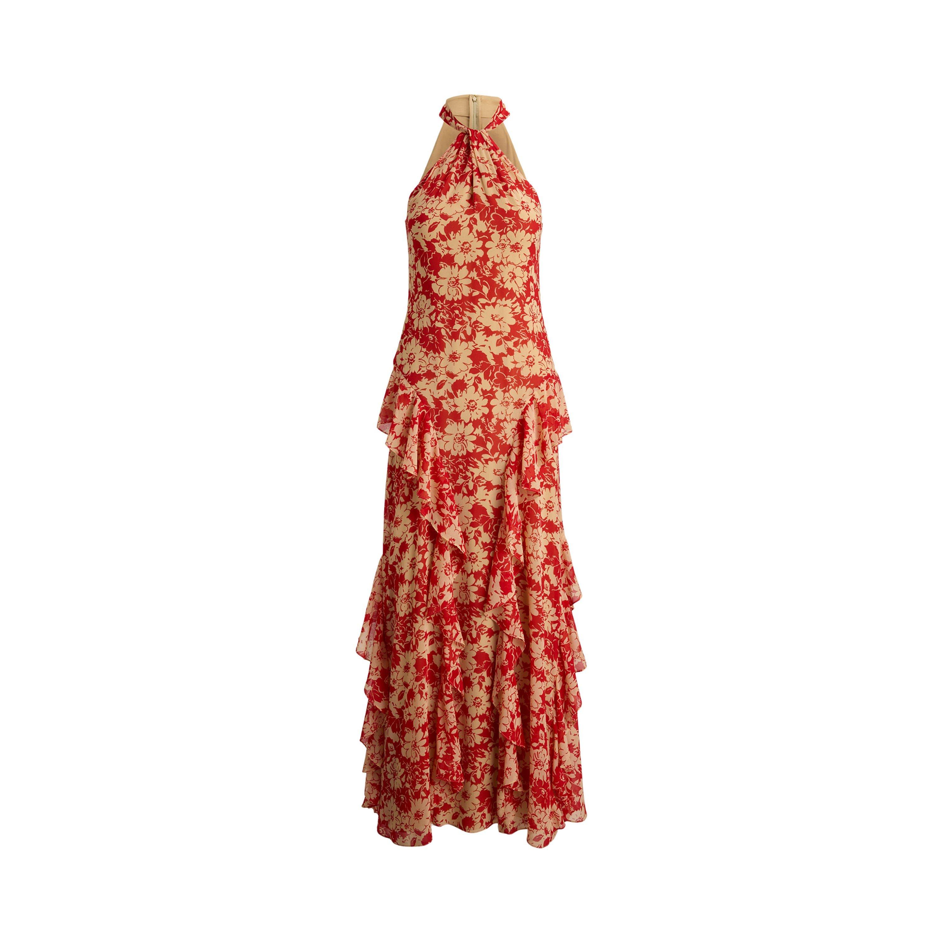 RED/TAN - Lauren by Ralph Lauren - Womens Georgette Halter Gown - 1