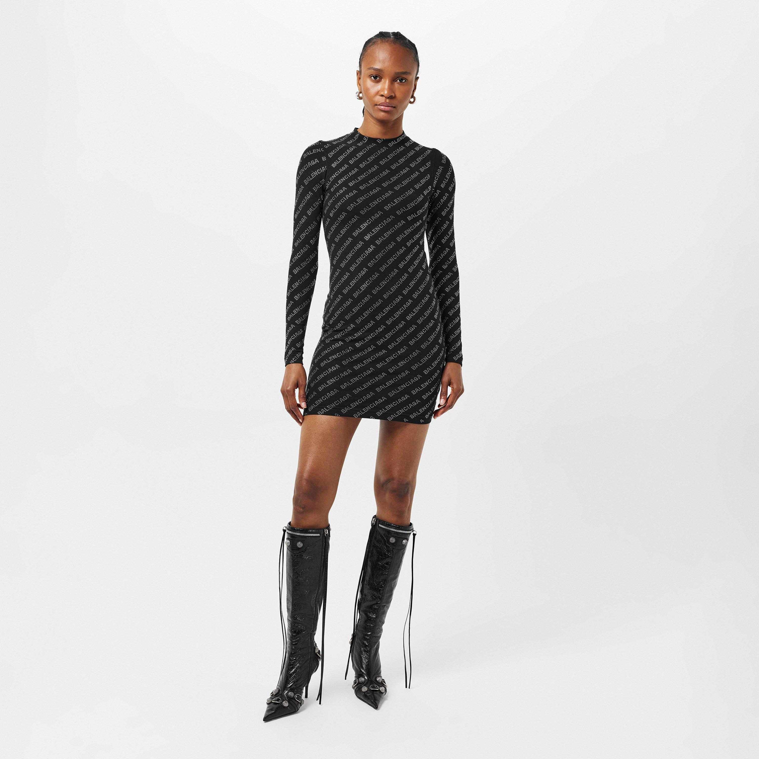 Black/Silver - Balenciaga - All-Over Logo Mini Dress - 6
