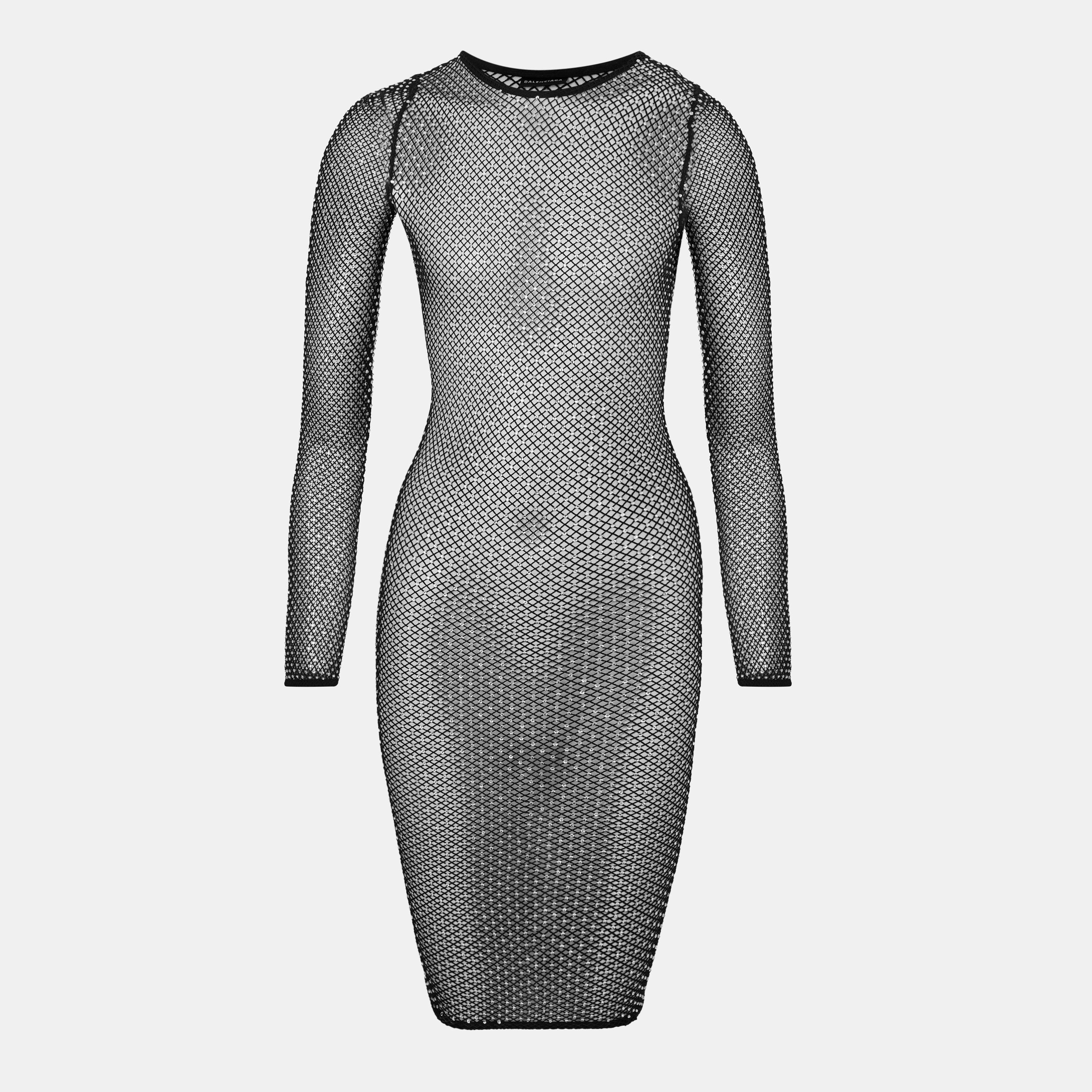 balenciaga mesh dress Balenciaga Mesh Sleeve Dress in Faded Black & White