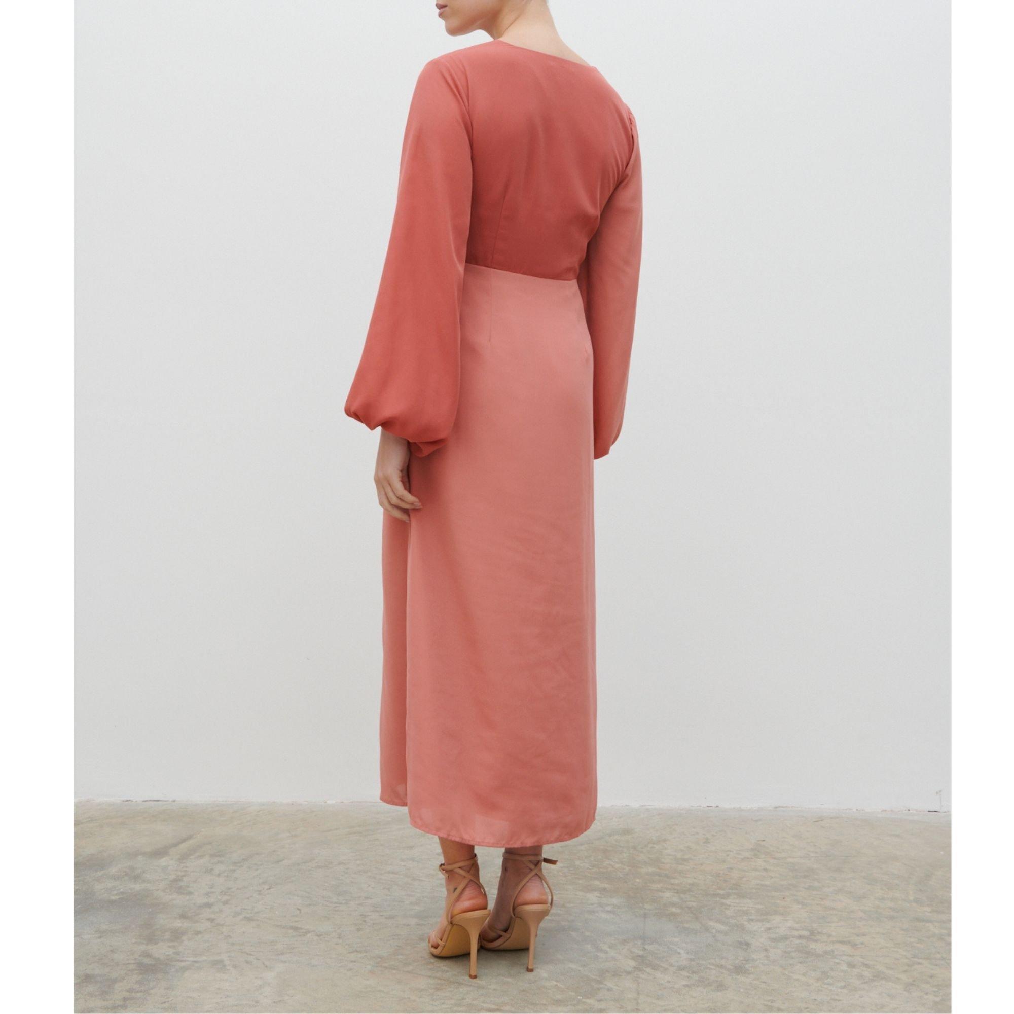 Terracotta Rose - Pretty Lavish - Women's Friena Knot Contrast Long-Sleeve V-Neck Midaxi Dress - 2