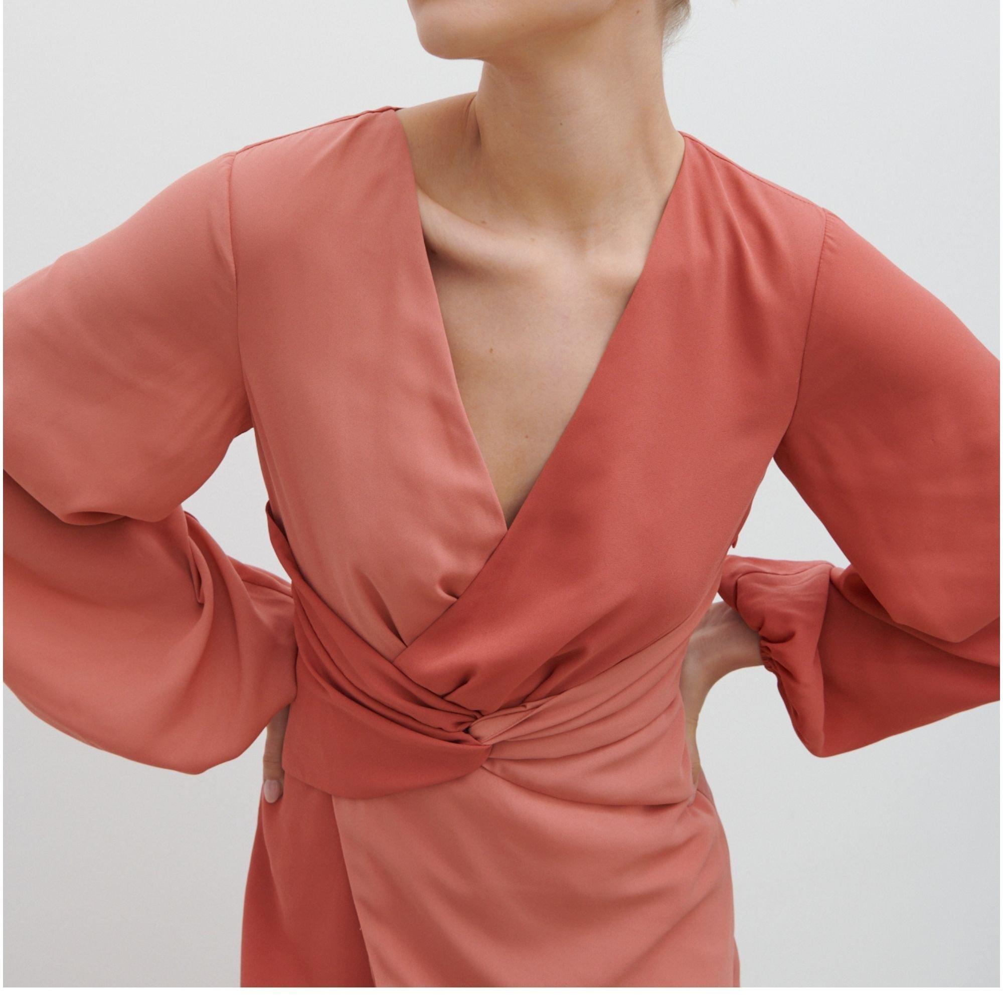 Terracotta Rose - Pretty Lavish - Women's Friena Knot Contrast Long-Sleeve V-Neck Midaxi Dress - 3
