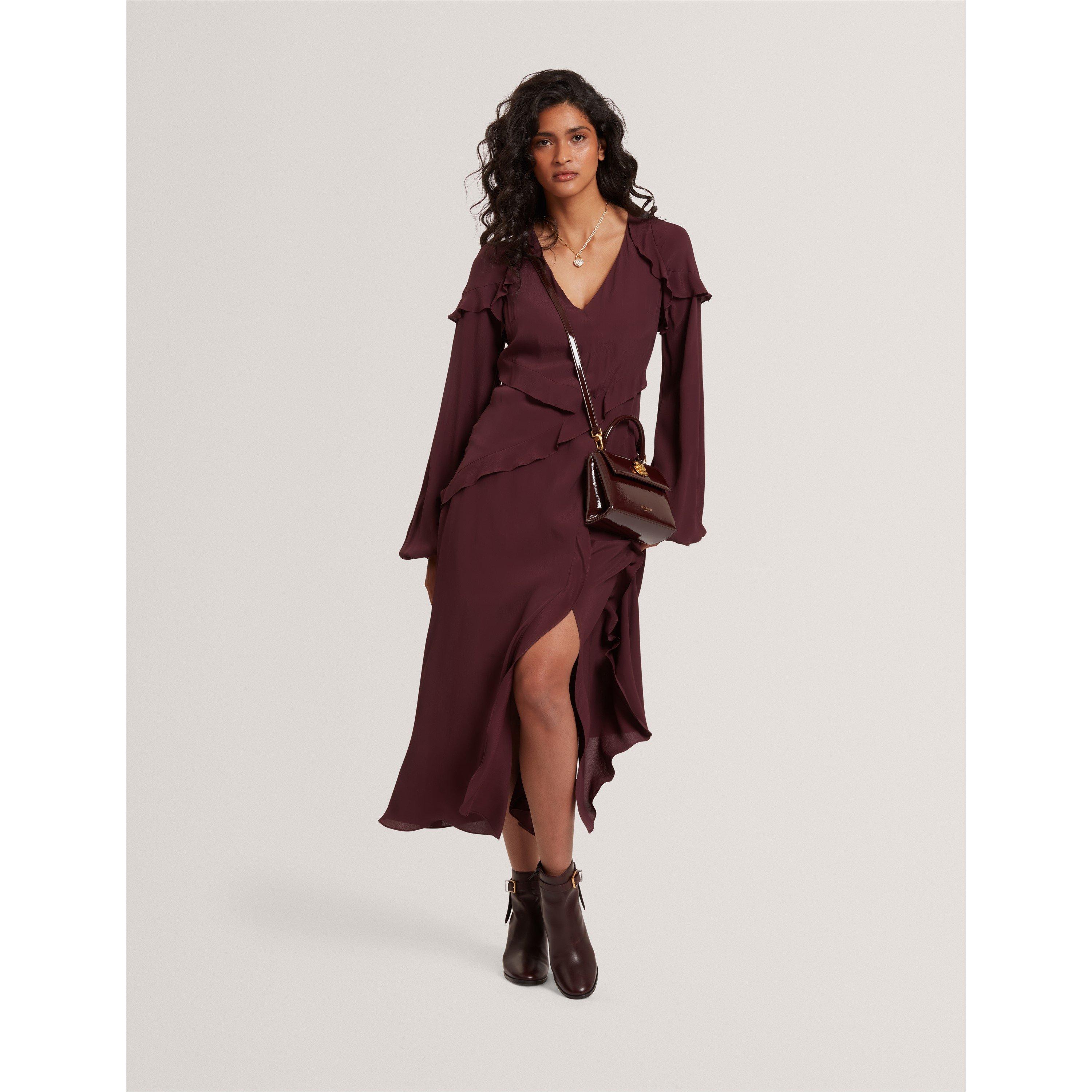 Oxblood - Ted Baker - Women's Long-Sleeve Midi Tea Dress - 2
