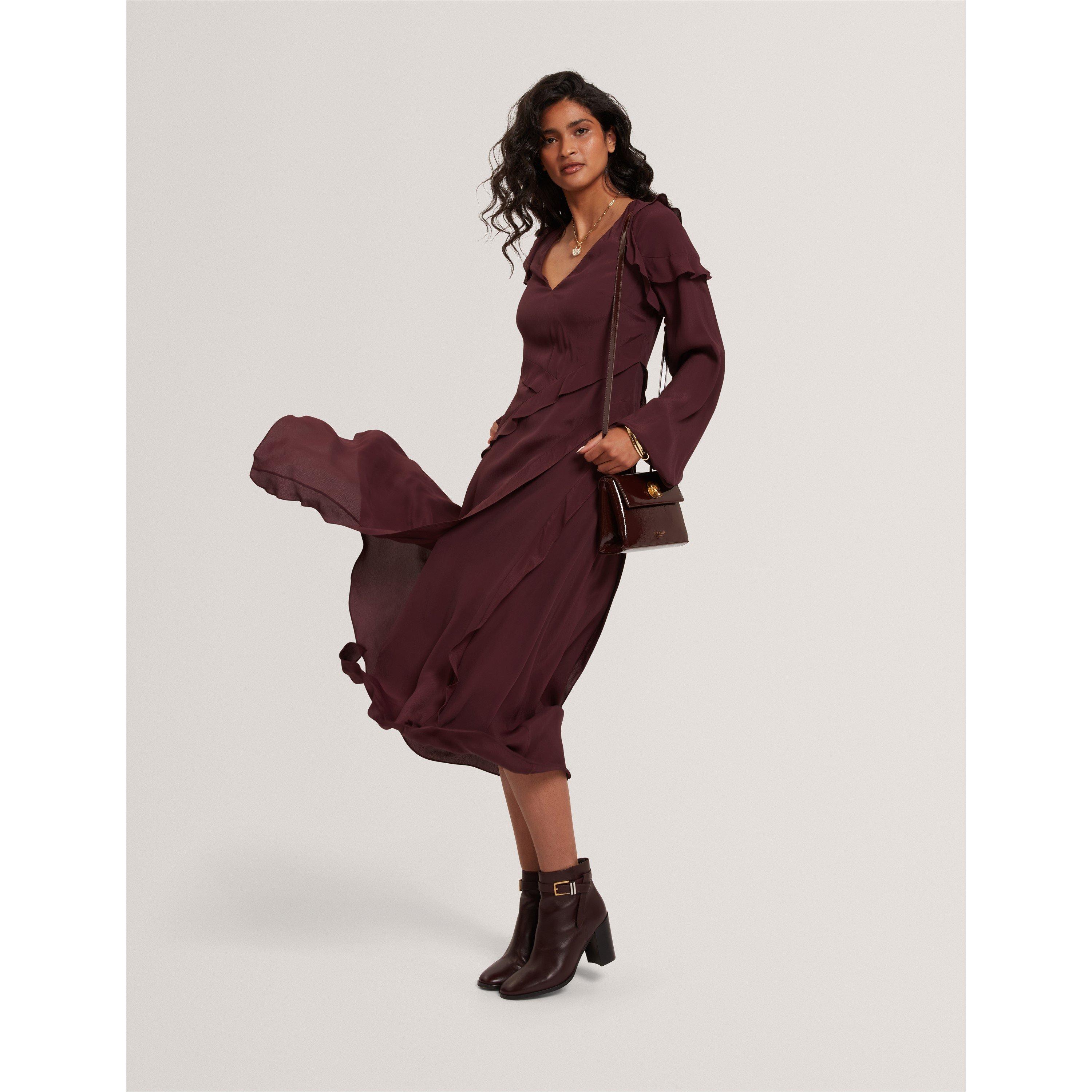 Oxblood - Ted Baker - Women's Long-Sleeve Midi Tea Dress - 5