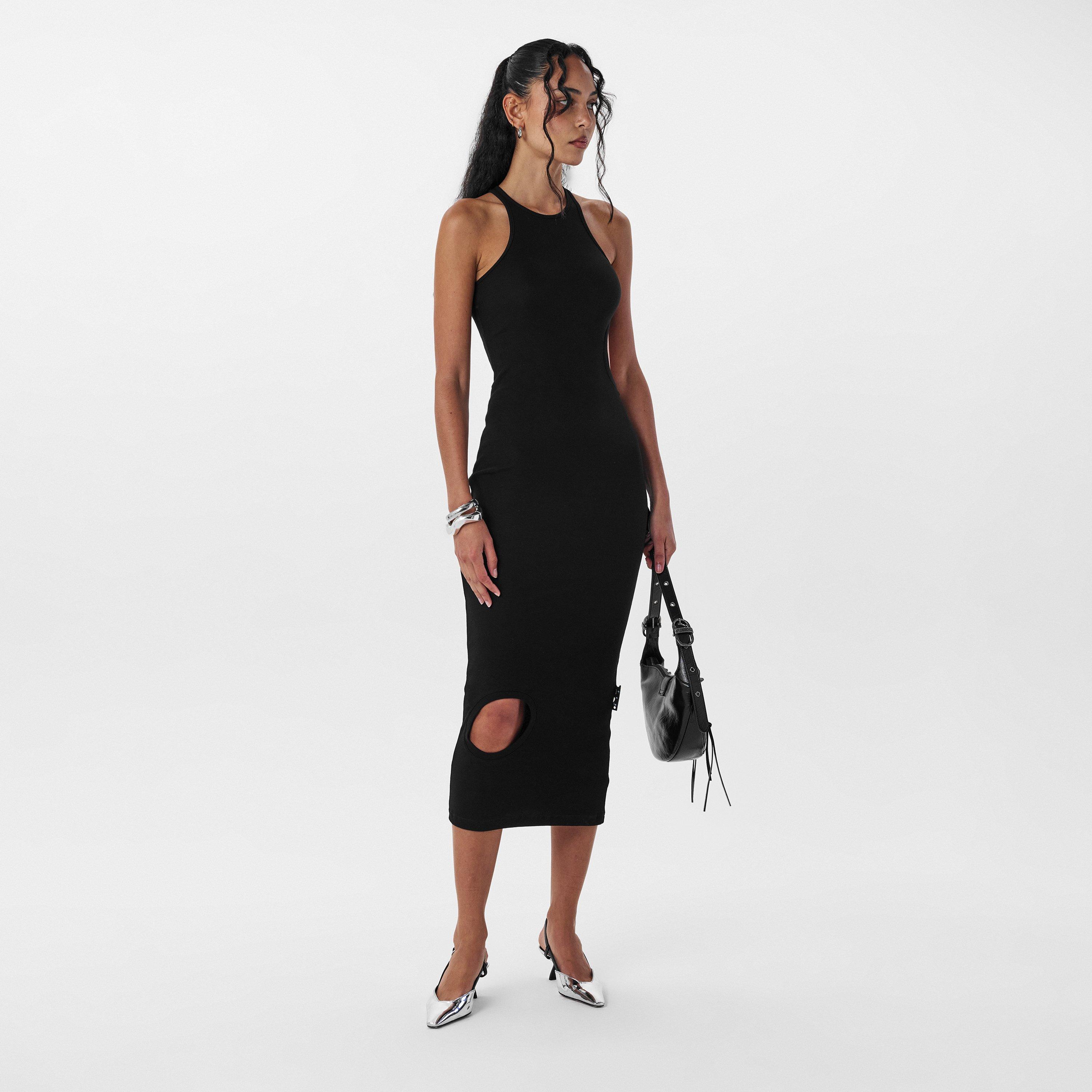 Black - Off White - Women's Ribbed Dress with Bold Round Cutout - 6